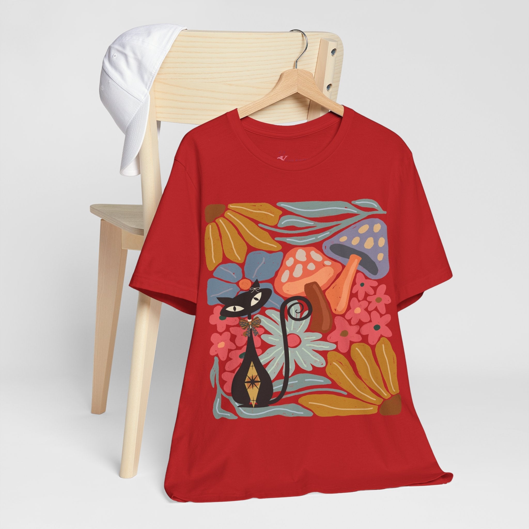 Kate McEnroe New York Atomic Cat Mushroom T-Shirt, Mid Century Modern Retro 70s Groovy Floral Graphic TeeT-Shirts10208566346449144923