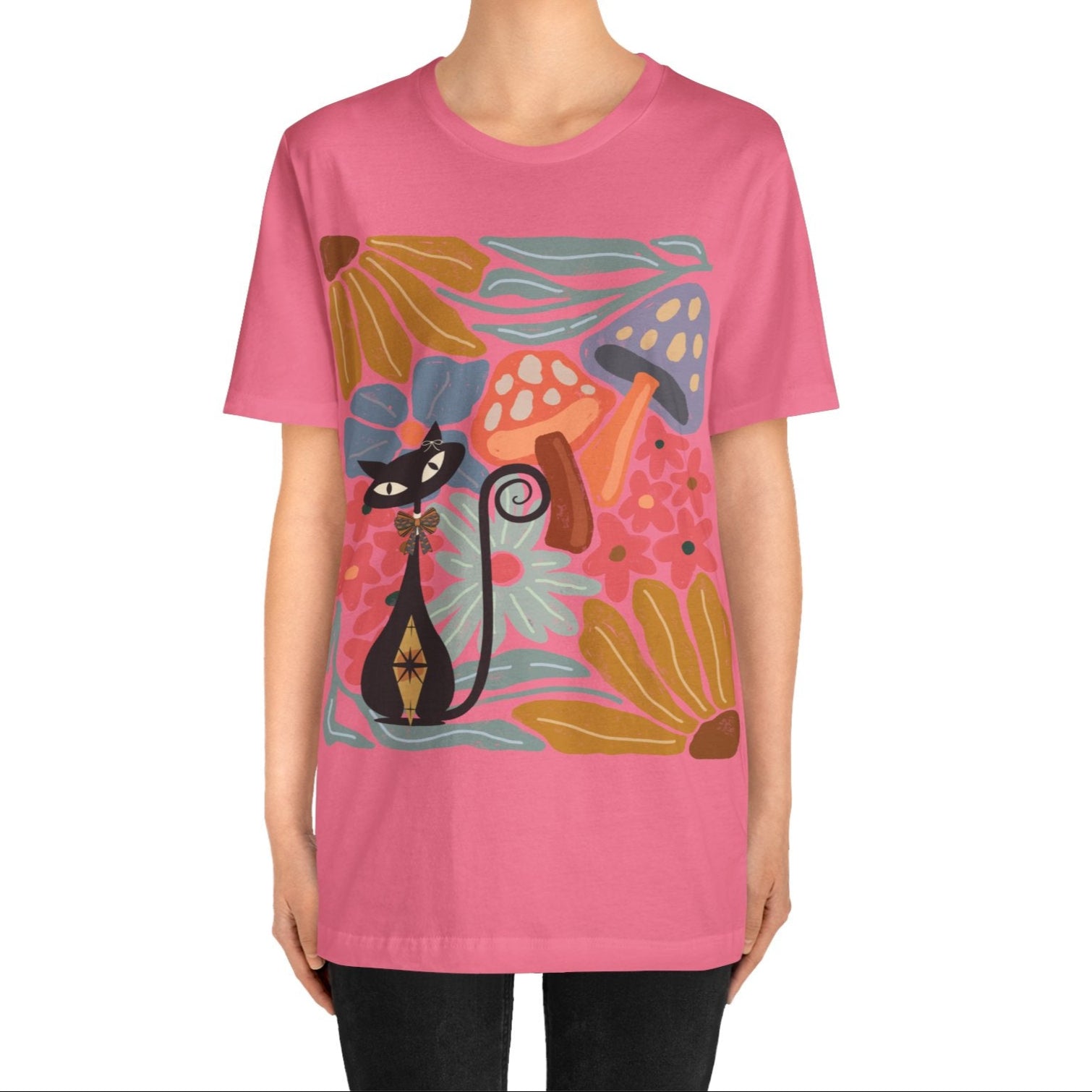 Kate McEnroe New York Atomic Cat Mushroom T-Shirt, Mid Century Modern Retro 70s Groovy Floral Graphic TeeT-Shirts29438878544565084058