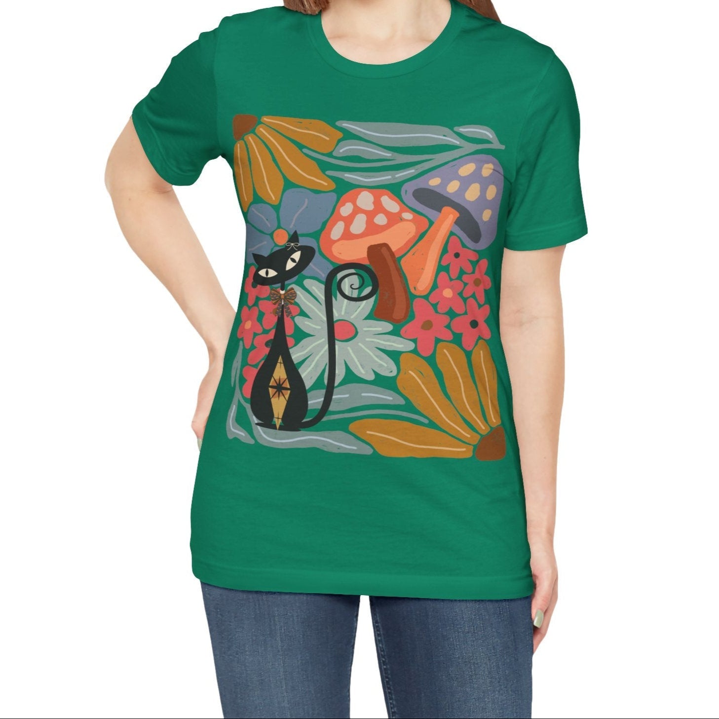 Kate McEnroe New York Atomic Cat Mushroom T-Shirt, Mid Century Modern Retro 70s Groovy Floral Graphic TeeT-Shirts29438878544565084058