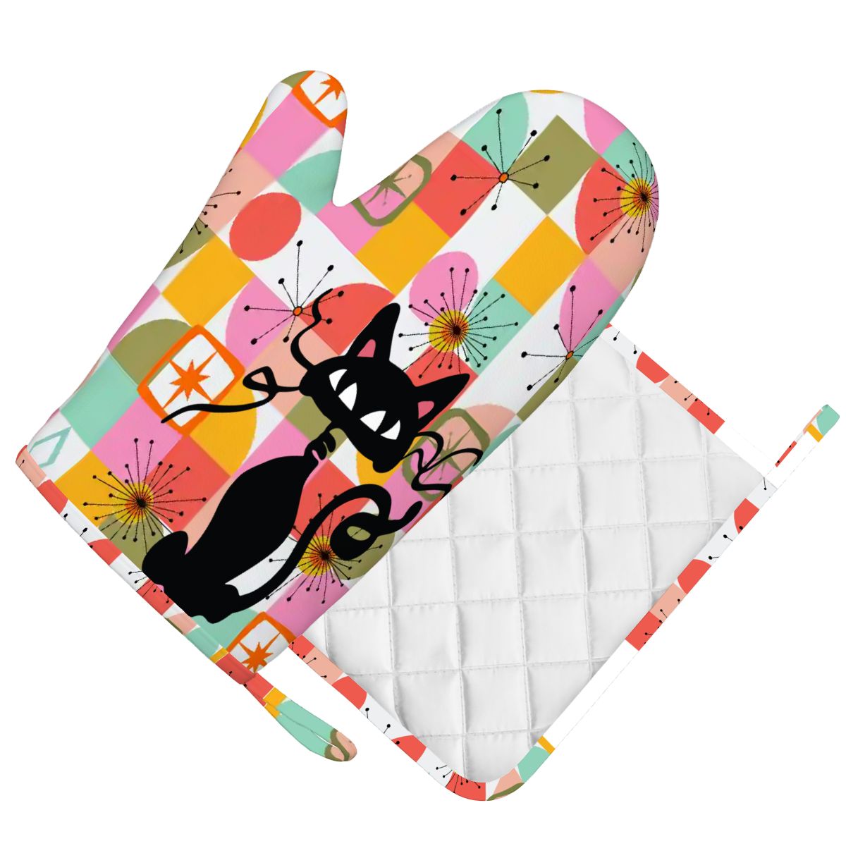 Kate McEnroe New York Atomic Cat Oven Mitt Pot Holder Set, Retro Kitschy MCM Kitchen Gift (Right)Oven Mitts & Pot Holder Setr1q2peUoqv