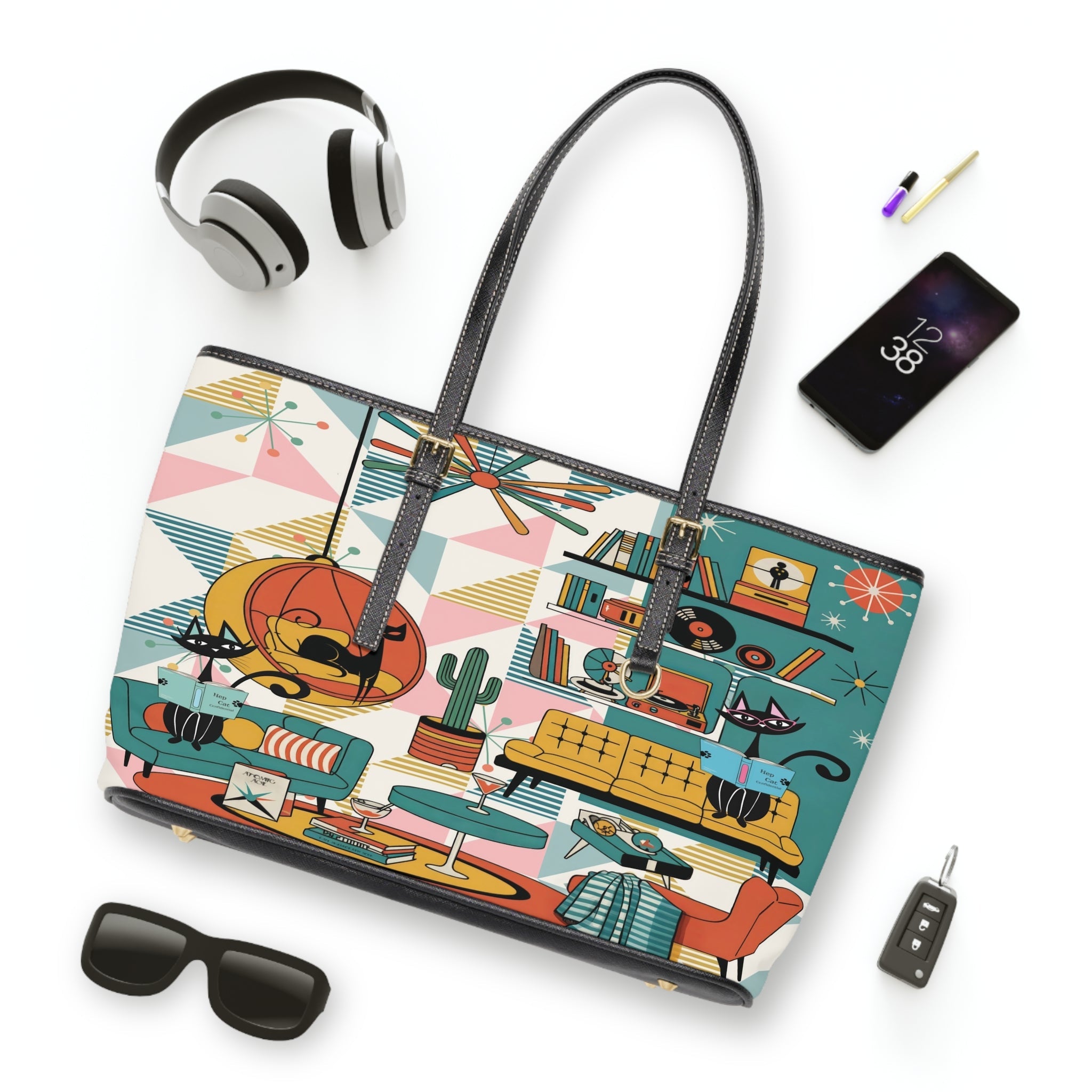 Kate McEnroe New York Atomic Cat Reading, Mid Mod Lounge Tote Bag, Retro 50s Geometric HandbagTotes15814385607183371683