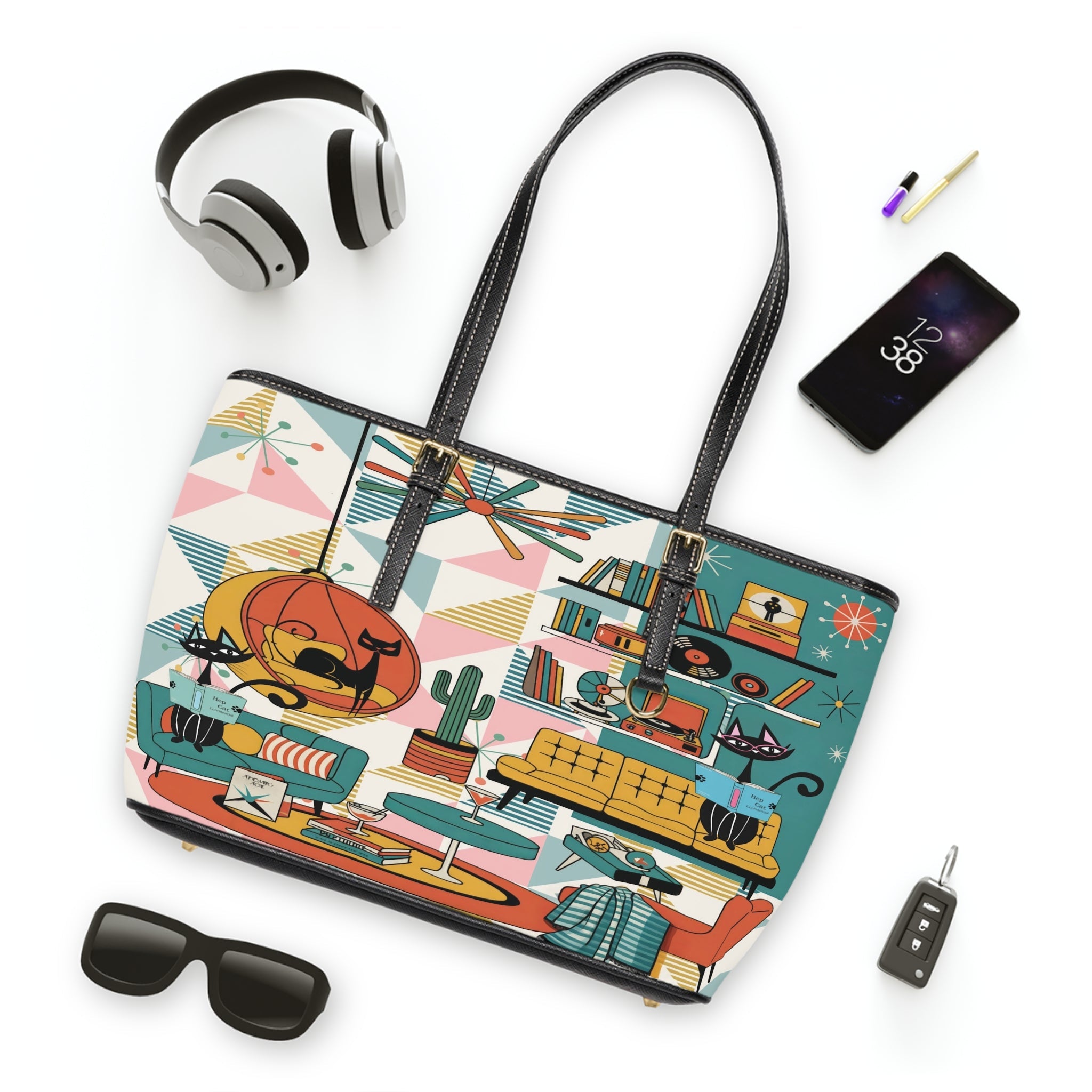 Kate McEnroe New York Atomic Cat Reading, Mid Mod Lounge Tote Bag, Retro 50s Geometric HandbagTotes37211369699331627854