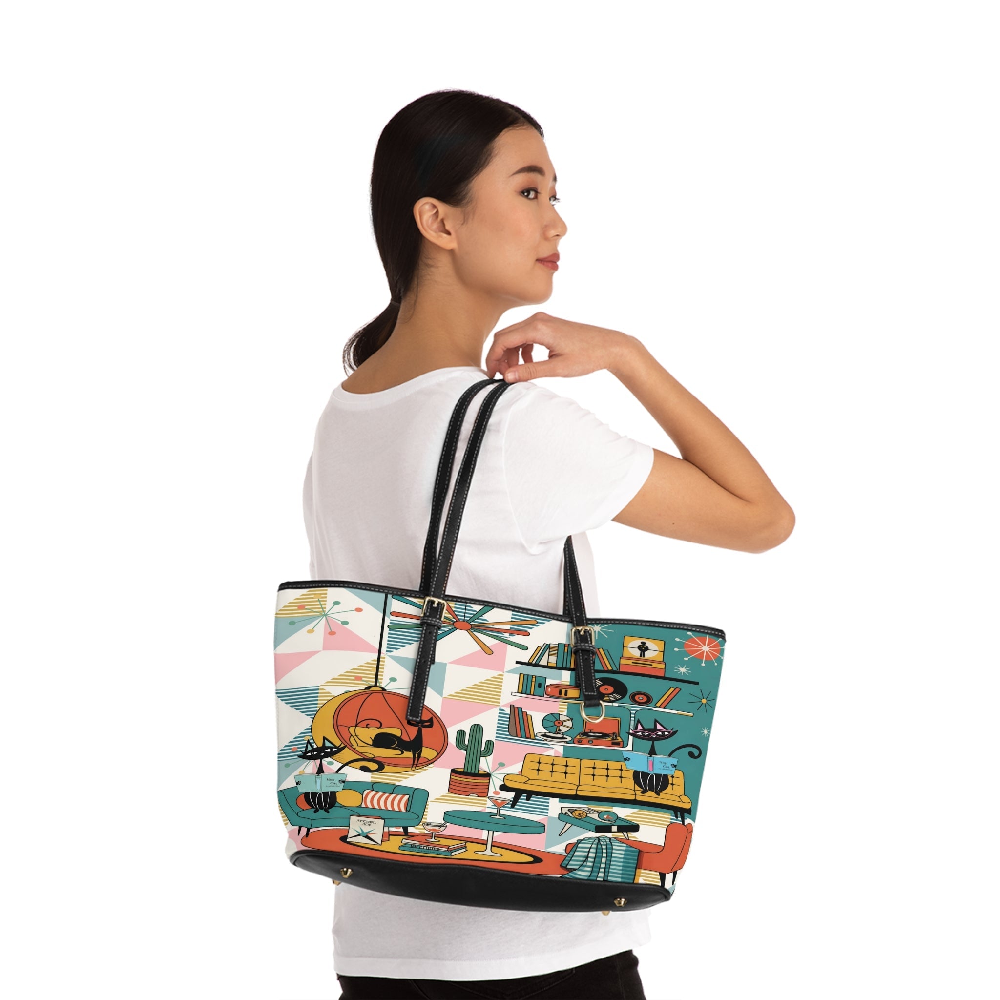 Kate McEnroe New York Atomic Cat Reading, Mid Mod Lounge Tote Bag, Retro 50s Geometric HandbagTotes37211369699331627854