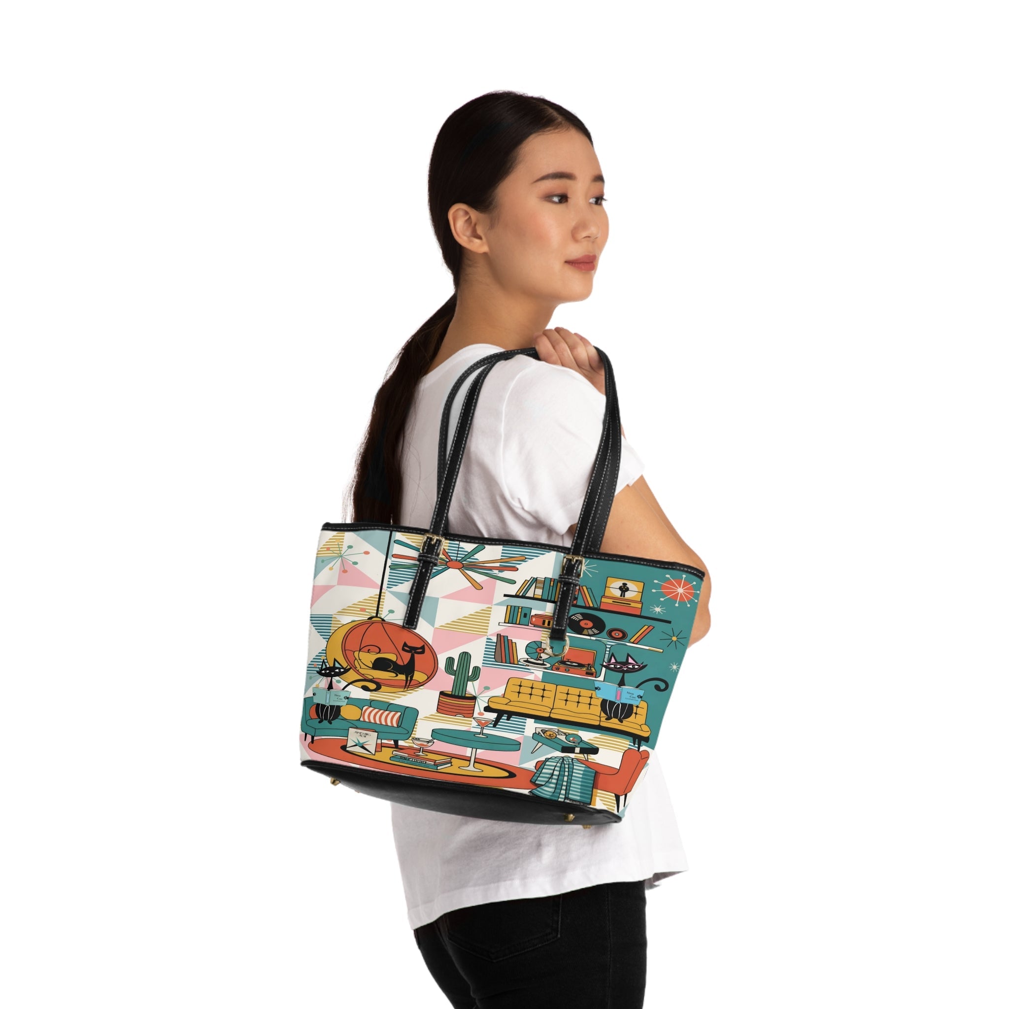 Kate McEnroe New York Atomic Cat Reading, Mid Mod Lounge Tote Bag, Retro 50s Geometric HandbagTotes37211369699331627854