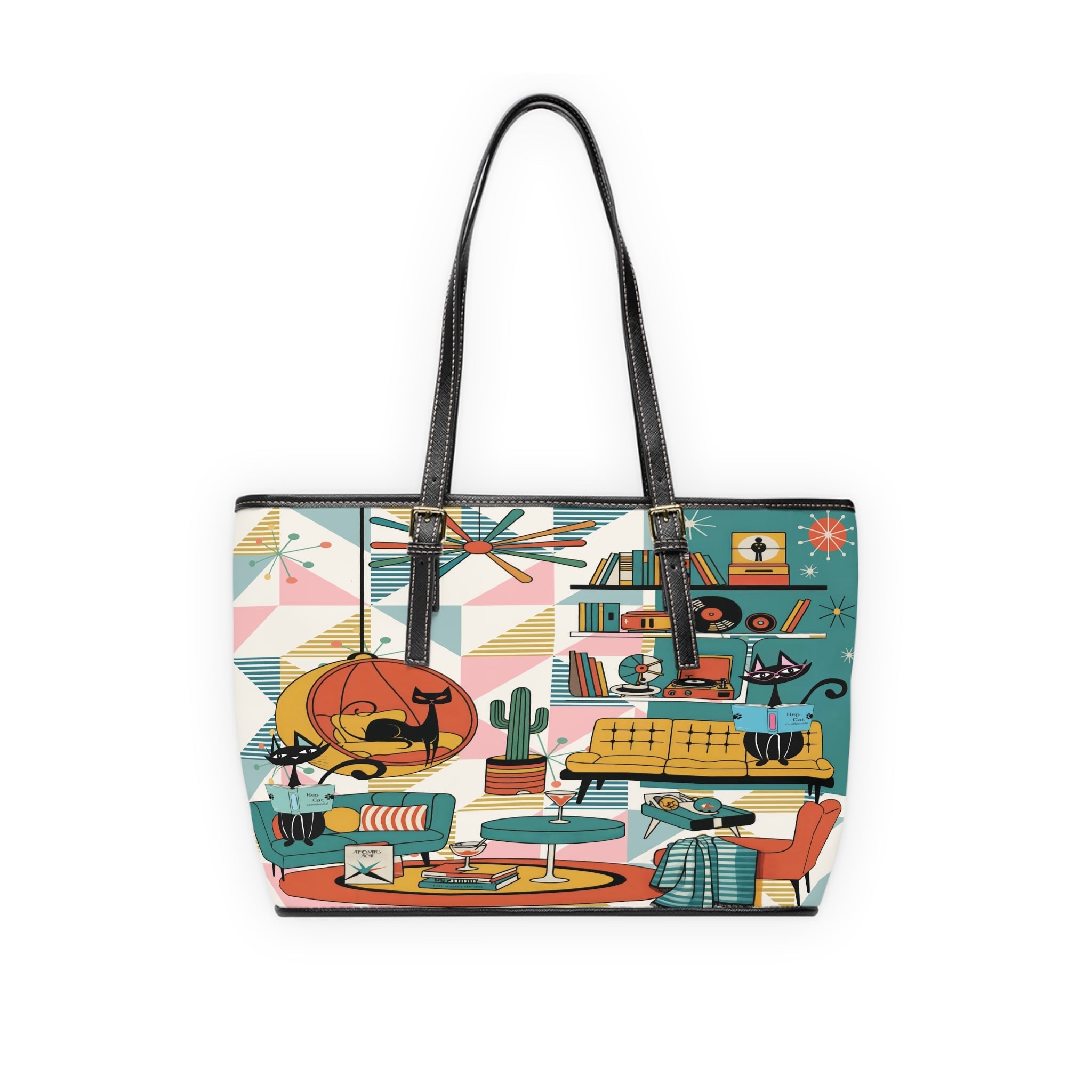 Kate McEnroe New York Atomic Cat Reading, Mid Mod Lounge Tote Bag, Retro 50s Geometric HandbagTotes37211369699331627854