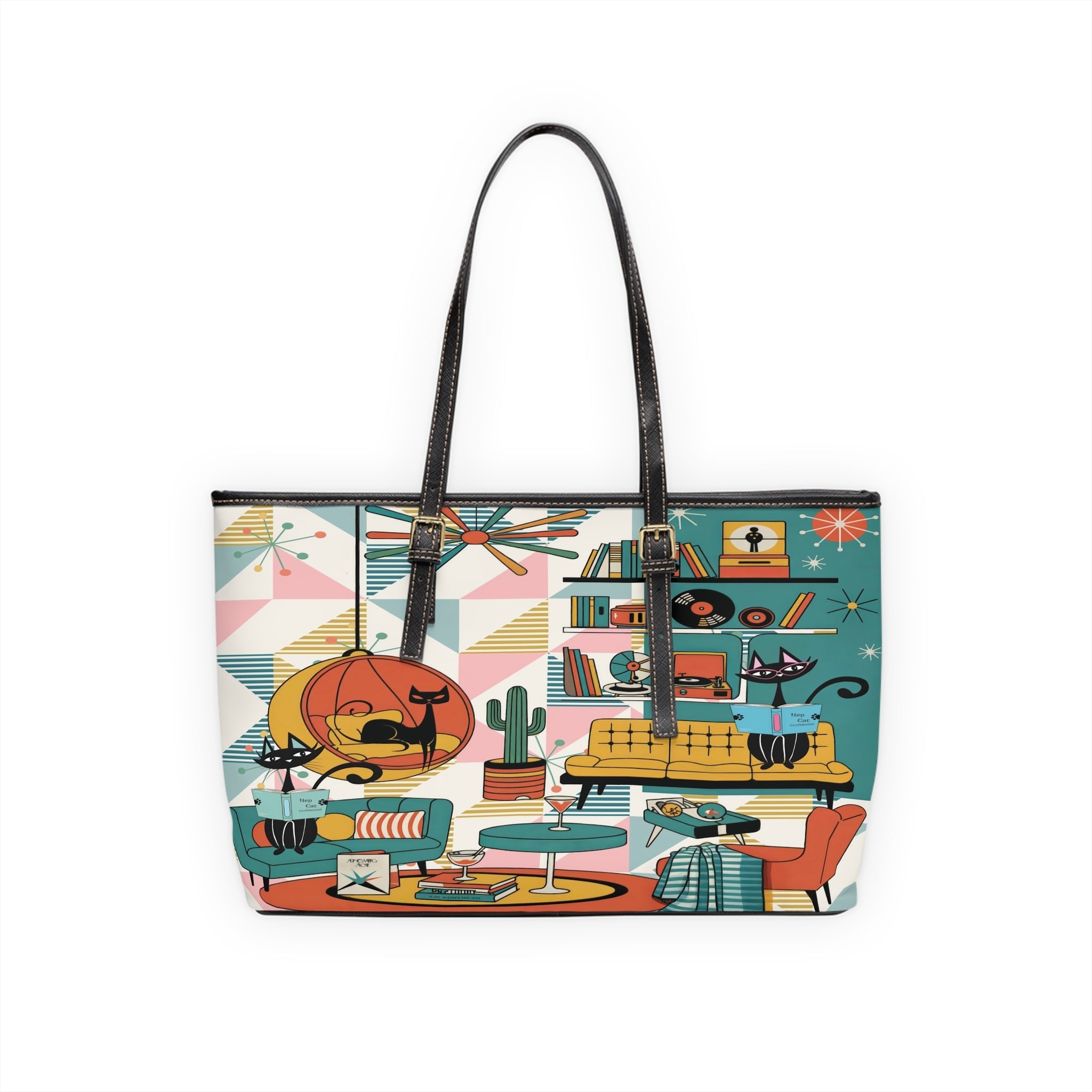 Kate McEnroe New York Atomic Cat Reading, Mid Mod Lounge Tote Bag, Retro 50s Geometric HandbagTotes37211369699331627854