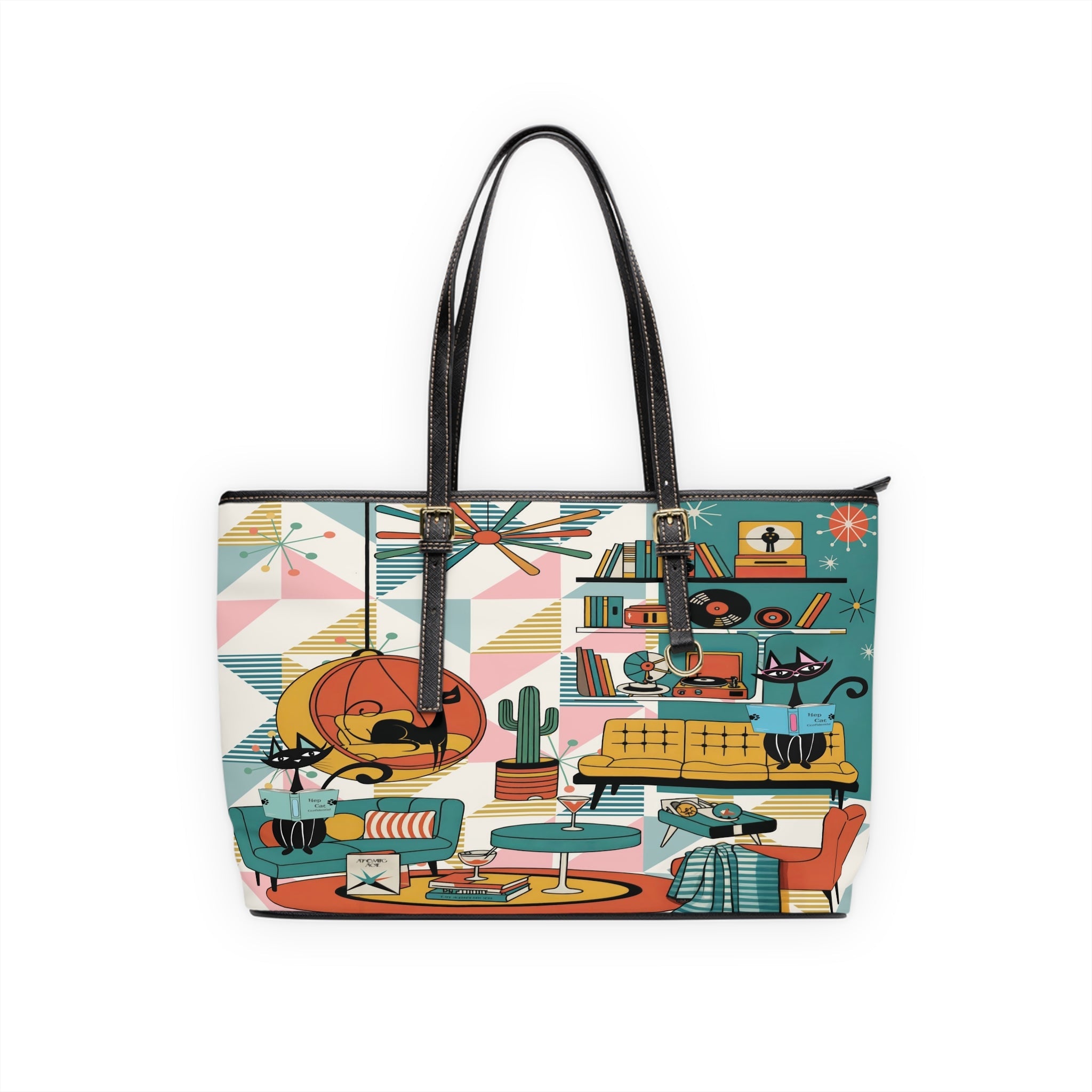 Kate McEnroe New York Atomic Cat Reading, Mid Mod Lounge Tote Bag, Retro 50s Geometric HandbagTotes37211369699331627854