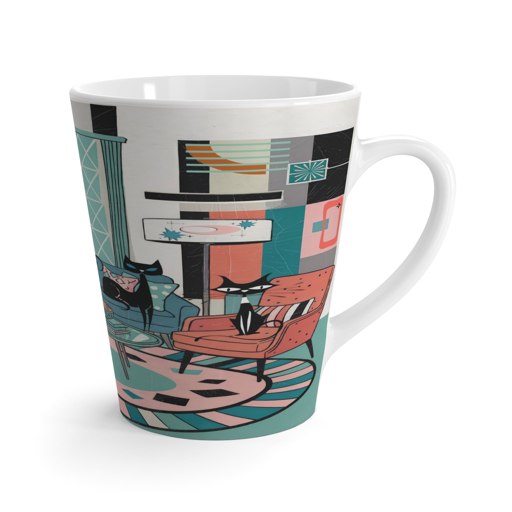 Kate McEnroe New York Atomic Cat Reading Room Mug, Mid Century Modern Latte Cup, Retro Bookish Coffee Gift, MCM Starburst Cat Lover DrinkwareMugs14640443098868300083