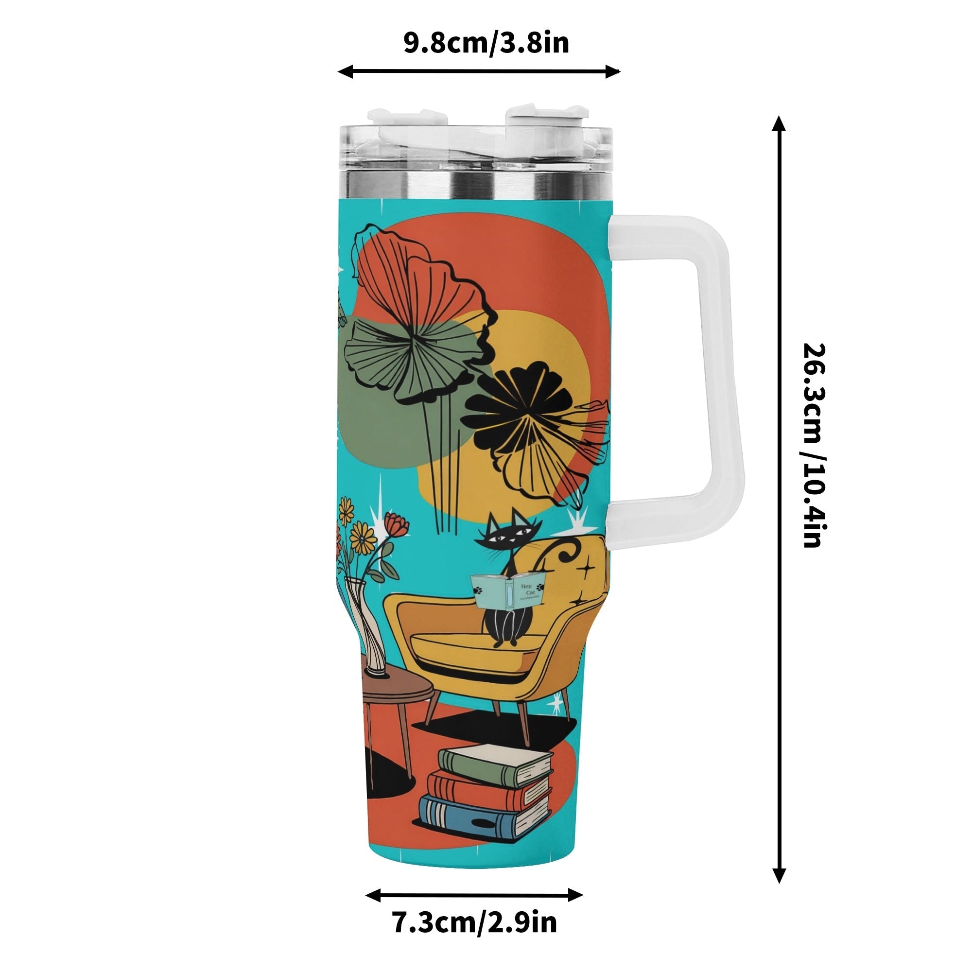 Kate McEnroe New York Atomic Cat Reading Tumbler, Mid Century Modern Stainless Travel Mug, Retro 50s Lounge CupTumblersNGZ0D5GW - 1