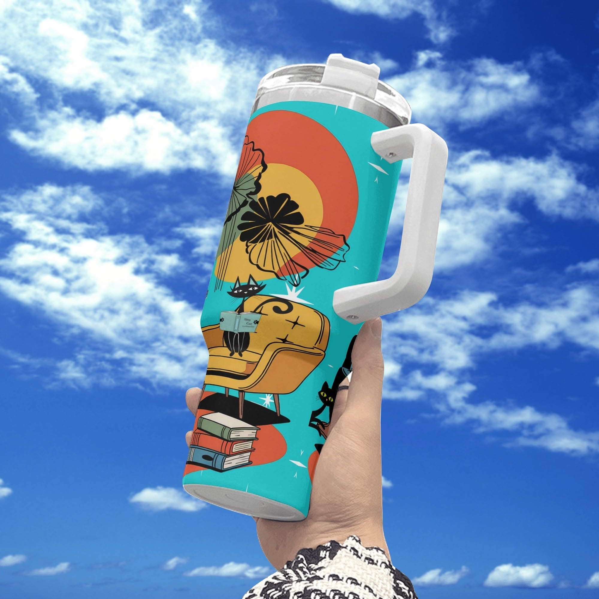 Kate McEnroe New York Atomic Cat Reading Tumbler, Mid Century Modern Stainless Travel Mug, Retro 50s Lounge CupTumblersNGZ0D5GW - 1