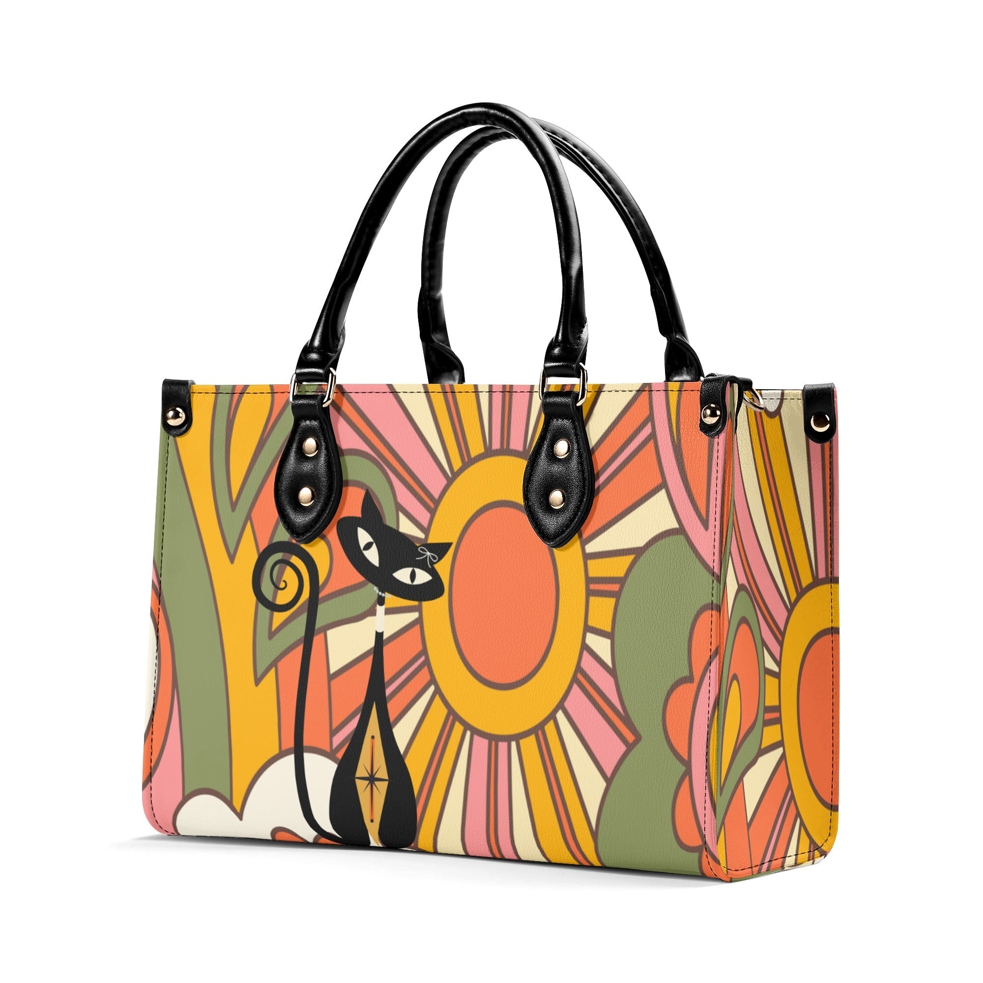 Kate McEnroe New York Atomic Cat Retro 70s Groovy Hippie Satchel, Mid Century Modern Handbag, Vintage Sunburst MCM PurseHandbagsNM66D9EW - 1
