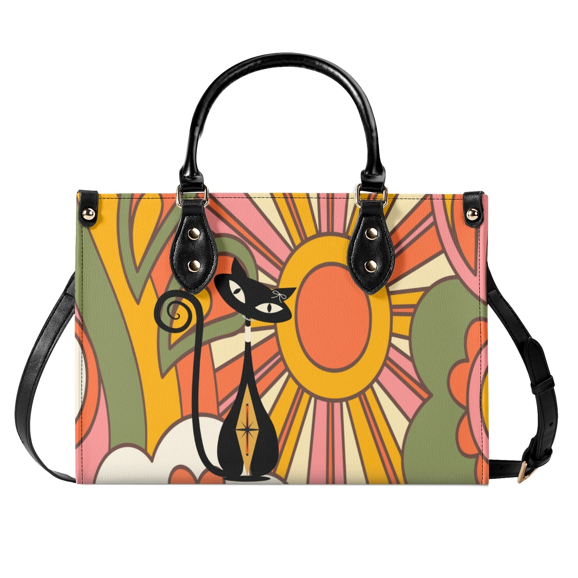 Kate McEnroe New York Atomic Cat Retro 70s Groovy Hippie Satchel, Mid Century Modern Handbag, Vintage Sunburst MCM PurseHandbagsNM66D9EW - 1