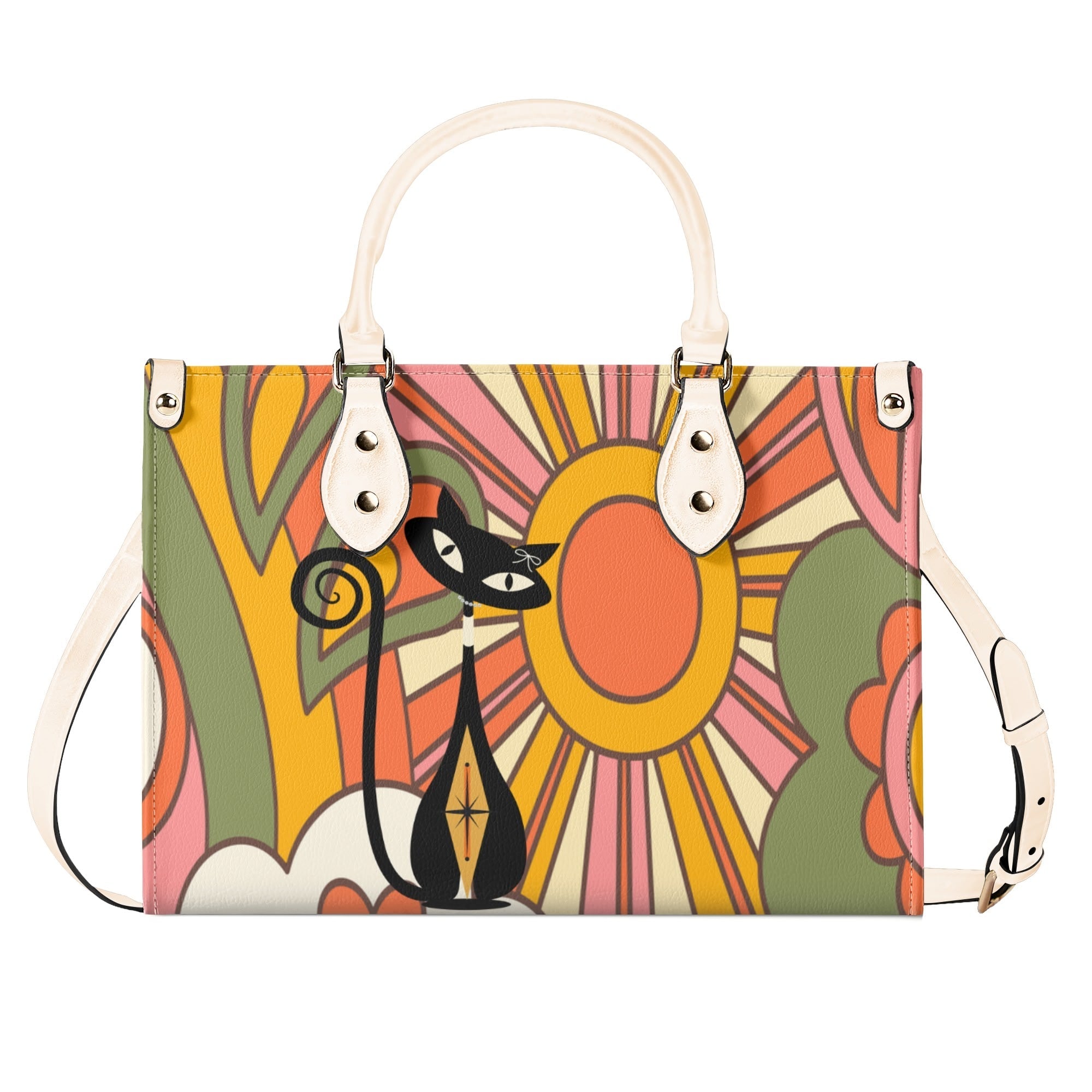 Kate McEnroe New York Atomic Cat Retro 70s Groovy Hippie Satchel, Mid Century Modern Handbag, Vintage Sunburst MCM PurseHandbagsNM66D9EW - 4