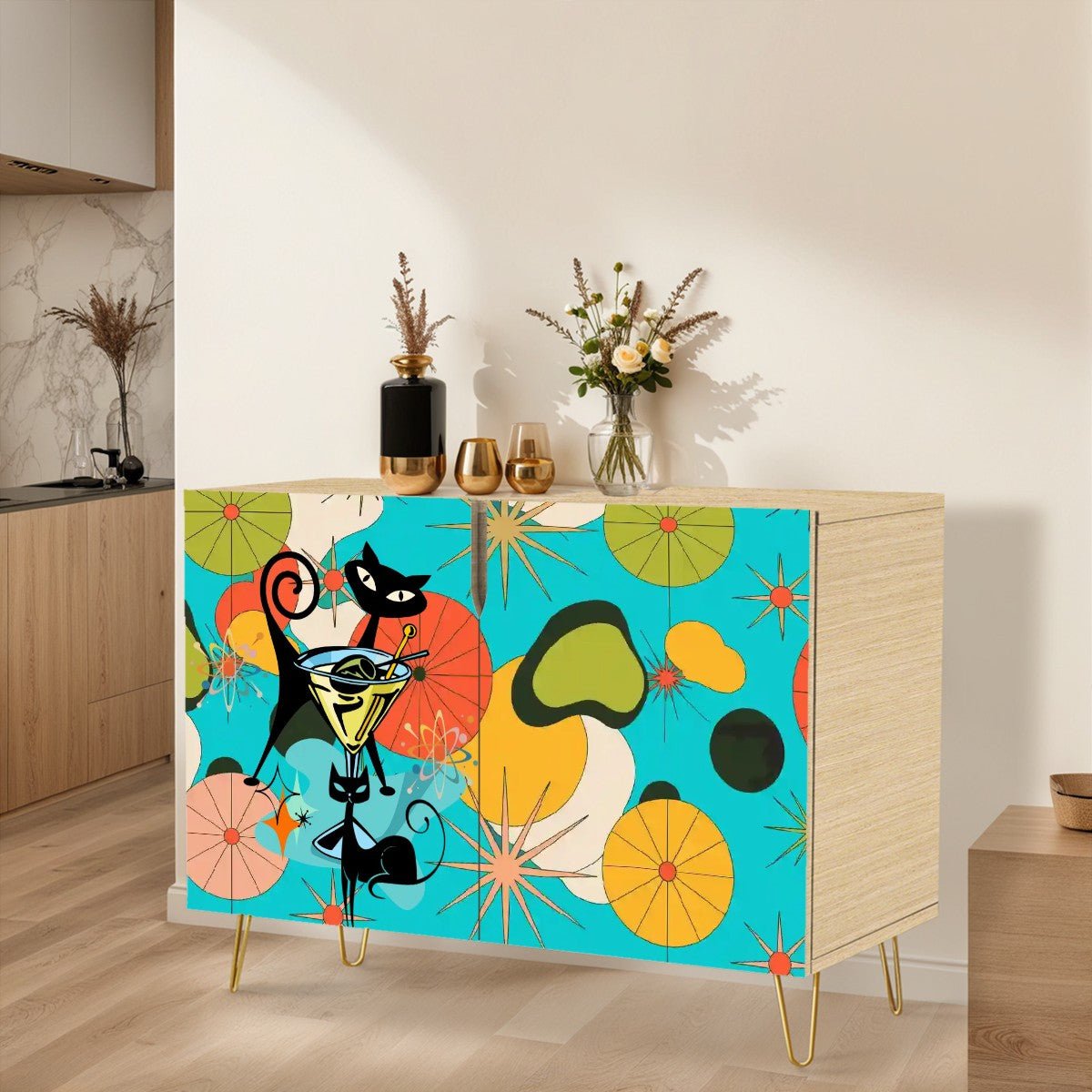 Kate McEnroe New York Atomic Cat Retro Bar Cabinet, Mid Century Modern Martini Lounge Storage, MCM Cocktail Starburst FurnitureStorage CabinetszpozX51AWF