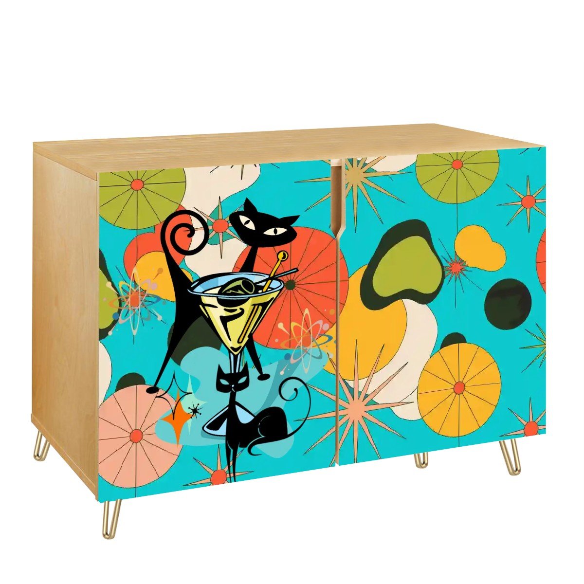 Kate McEnroe New York Atomic Cat Retro Bar Cabinet, Mid Century Modern Martini Lounge Storage, MCM Cocktail Starburst FurnitureStorage CabinetszpozX51AWF