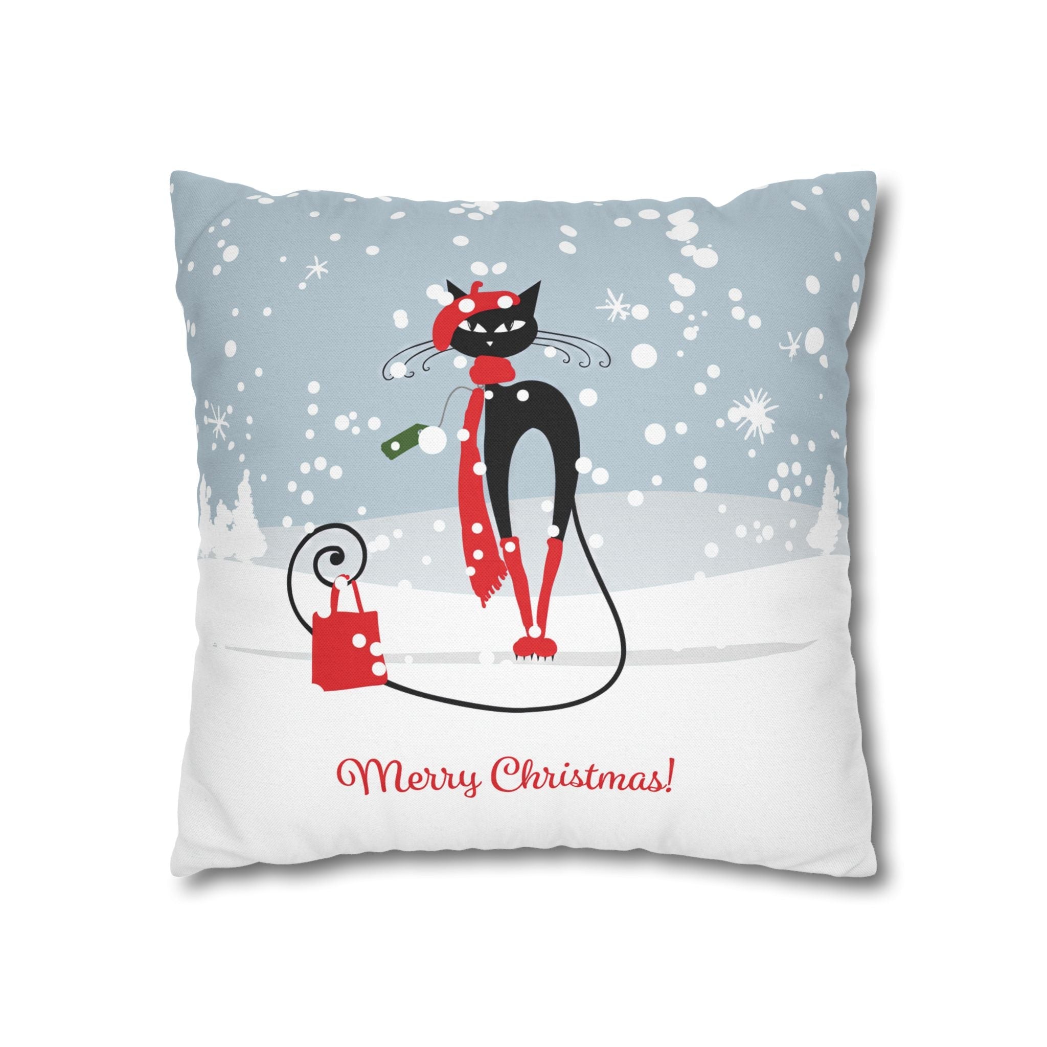 Kate McEnroe New York Atomic Cat Retro Christmas Pillow Cover, Mid Century Modern Snowy Christmas Yellow Cushion Covers, MCM Holiday Pillow CaseThrow Pillow Covers13578226029419046937