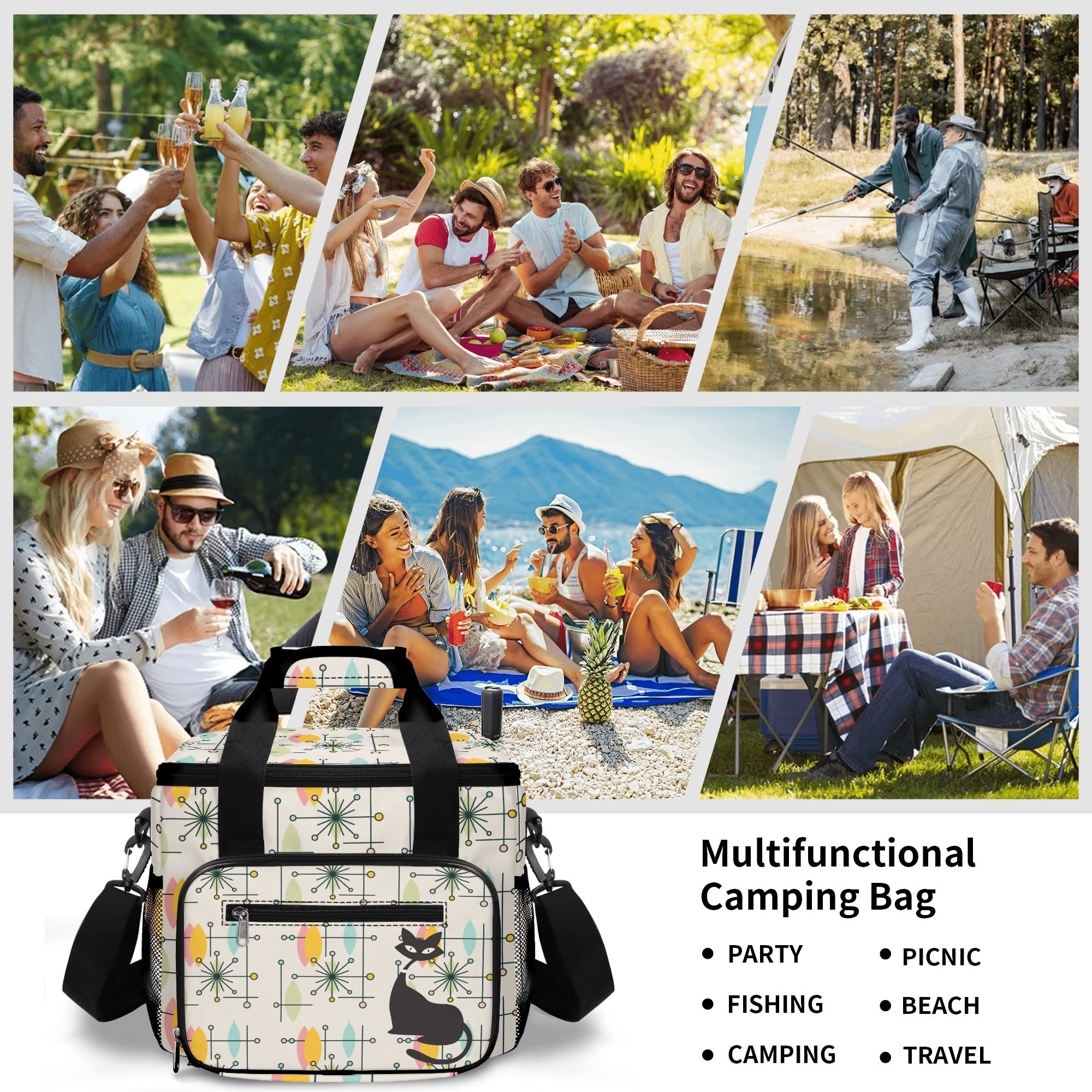 Kate McEnroe New York Atomic Cat Retro Cooler Bag, Mid Century Modern Insulated Lunch Tote, 50s Starburst Boomerang Picnic BagLunch BagsNO5GD10W - 1