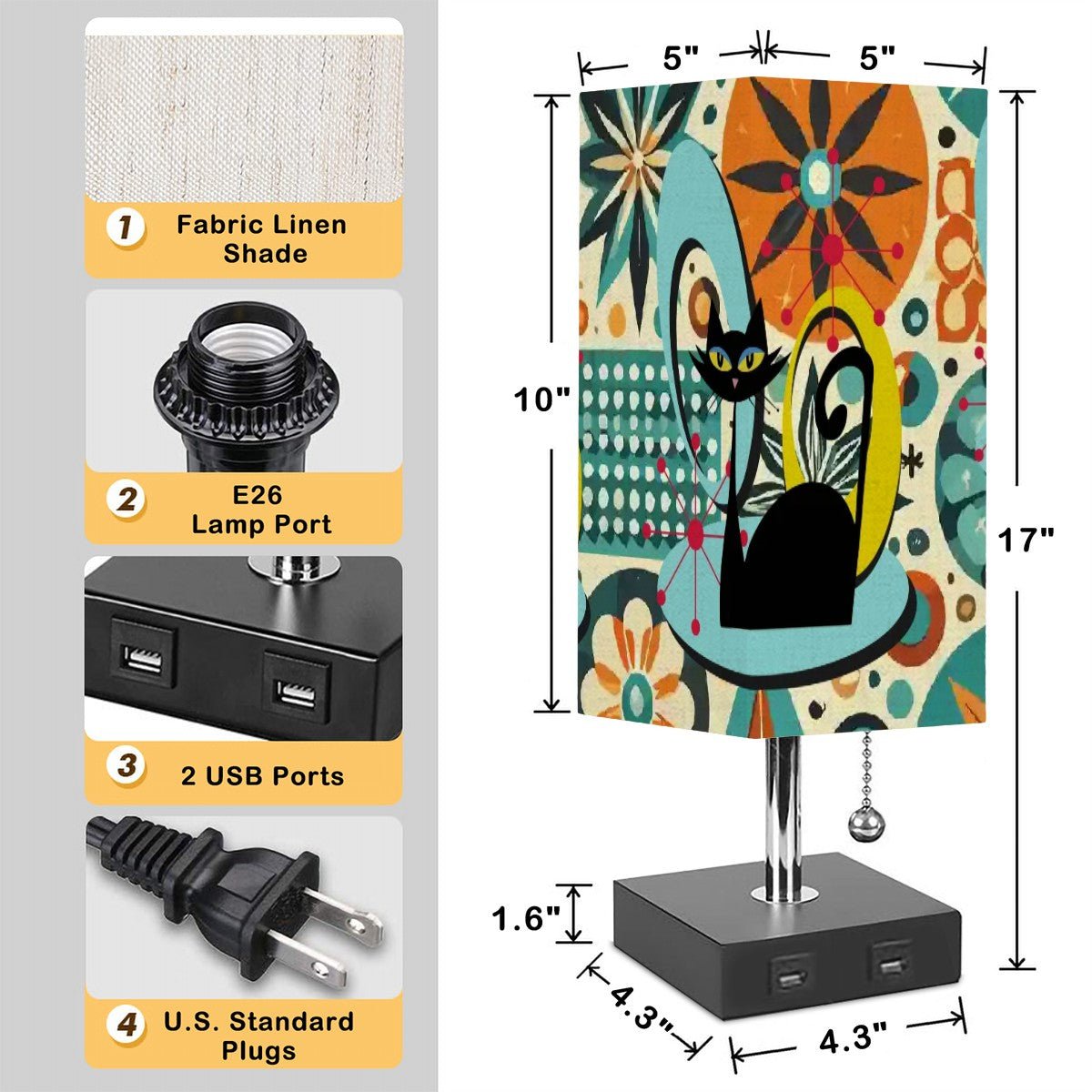 Kate McEnroe New York Atomic Cat Retro Desk Lamp, Mid Century Modern Teal Orange Mod Floral Table LightDesk LampsCo7fuEtPOh