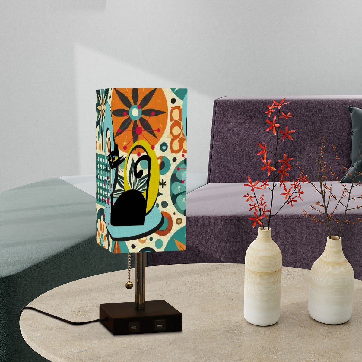 Kate McEnroe New York Atomic Cat Retro Desk Lamp, Mid Century Modern Teal Orange Mod Floral Table LightDesk LampsCo7fuEtPOh