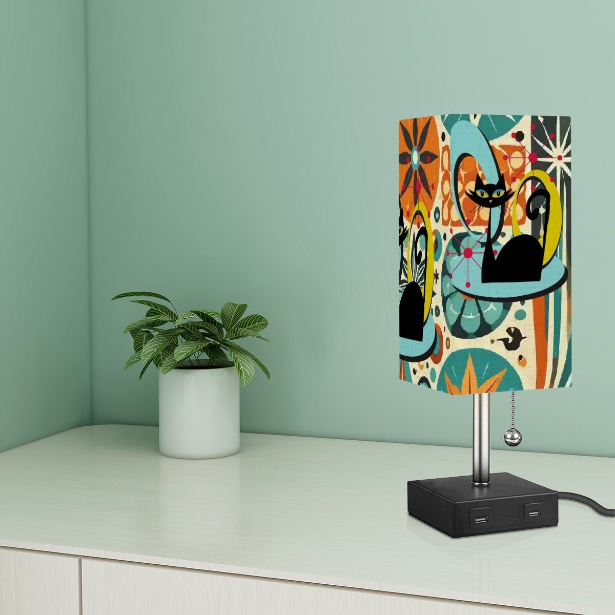 Kate McEnroe New York Atomic Cat Retro Desk Lamp, Mid Century Modern Teal Orange Mod Floral Table LightDesk LampsCo7fuEtPOh