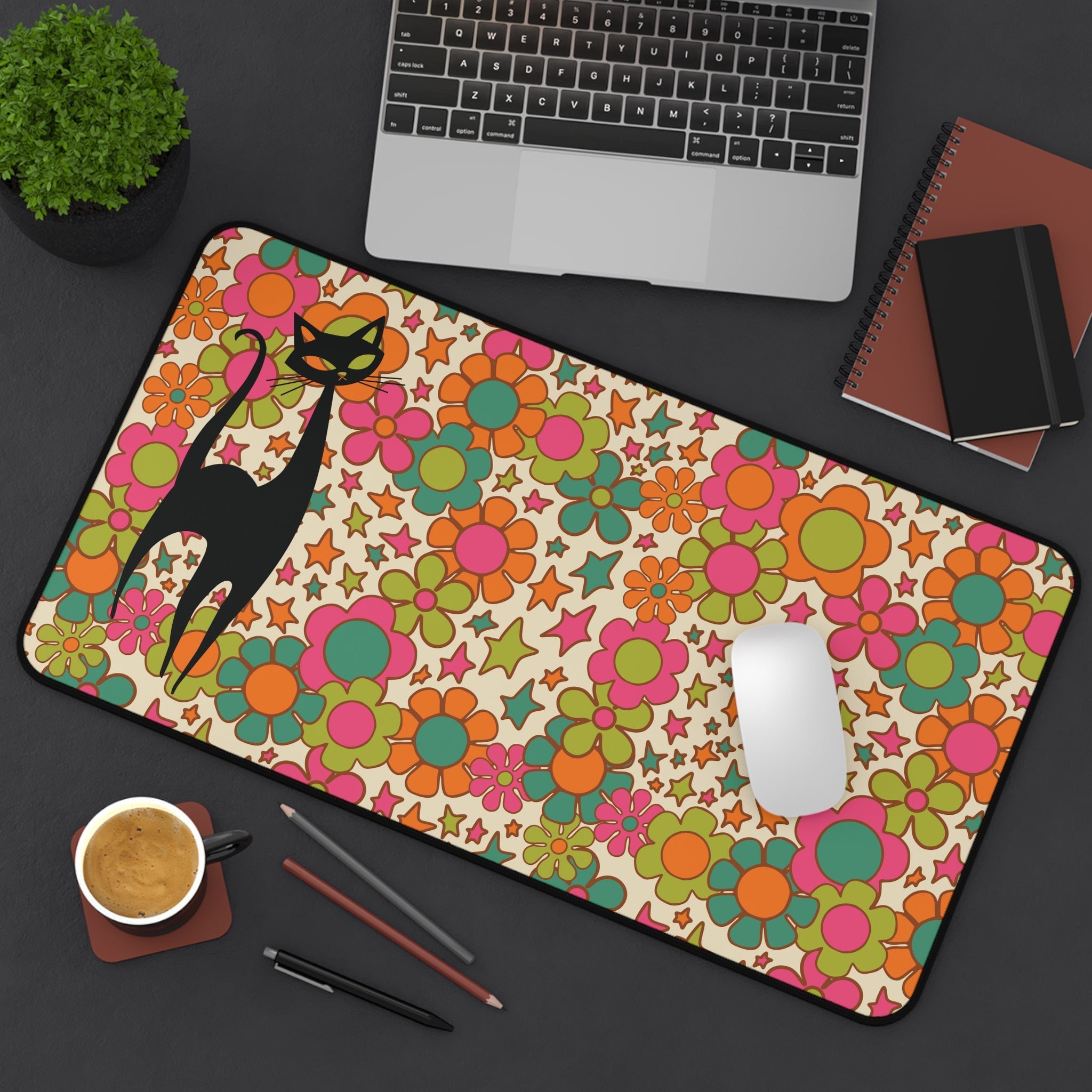 Kate McEnroe New York Atomic Cat Retro Groovy Desk Mat, 70s Flower Power Hippie Office Decor, Mid Century Mod Gaming PadDesk Mats18735535372846066741