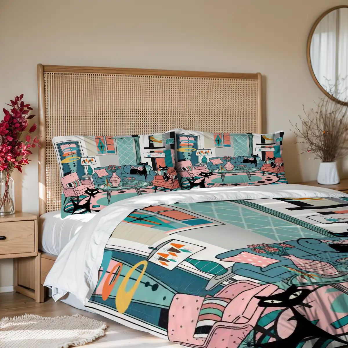 Kate McEnroe New York Atomic Cat Retro Lounge King Duvet Cover Set, Mid Century Modern 50s Bedroom Bedding, Kitschy MCM StarburstDuvet Cover SetBWikVV02p0