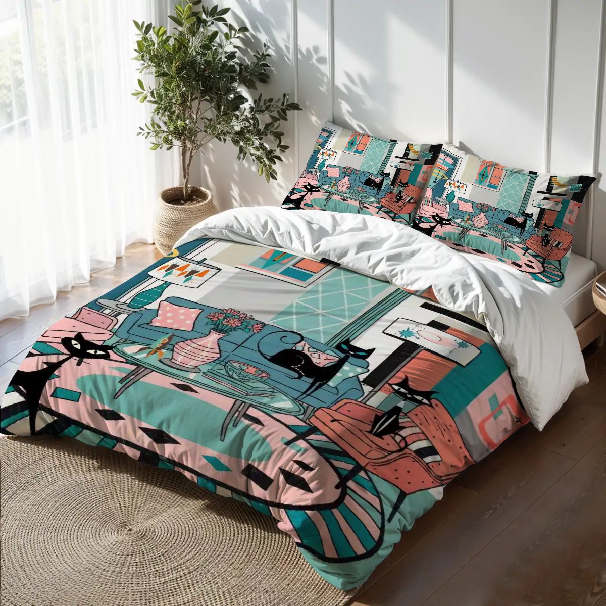 Kate McEnroe New York Atomic Cat Retro Lounge King Duvet Cover Set, Mid Century Modern 50s Bedroom Bedding, Kitschy MCM StarburstDuvet Cover SetBWikVV02p0