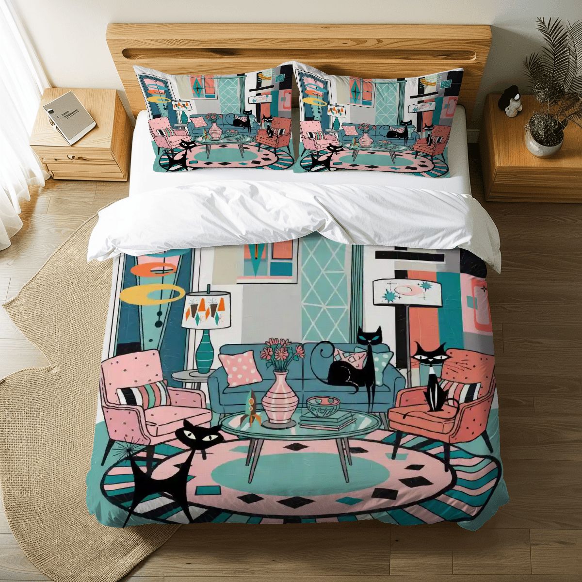 Kate McEnroe New York Atomic Cat Retro Lounge King Duvet Cover Set, Mid Century Modern 50s Bedroom Bedding, Kitschy MCM StarburstDuvet Cover SetBWikVV02p0