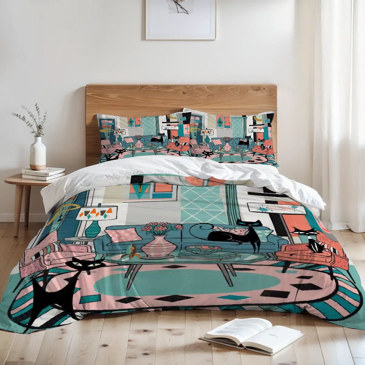 Kate McEnroe New York Atomic Cat Retro Lounge King Duvet Cover Set, Mid Century Modern 50s Bedroom Bedding, Kitschy MCM StarburstDuvet Cover SetBWikVV02p0