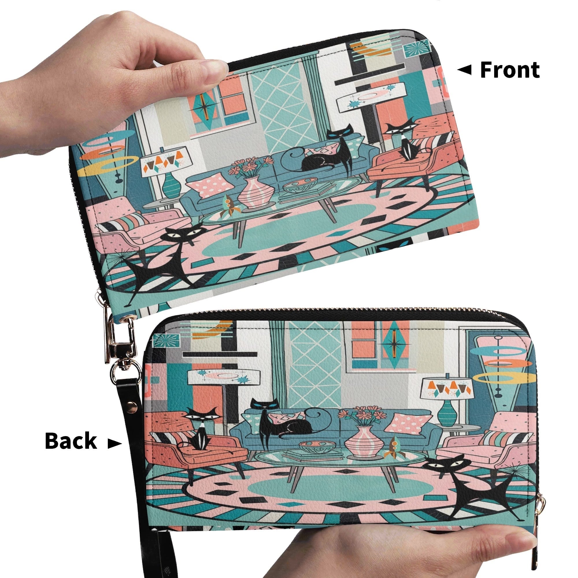 Kate McEnroe New York Atomic Cat Retro Lounge Wallet, Mid Century Modern Zip ClutchWalletsN7MG27RW - 2