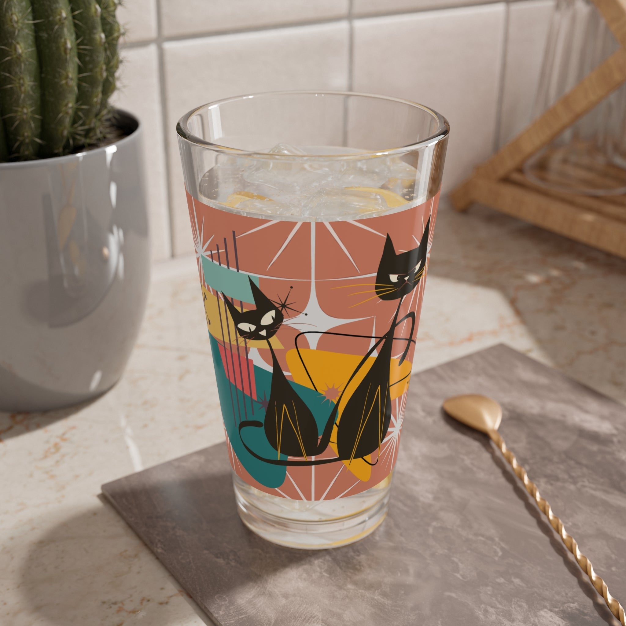 Kate McEnroe New York Atomic Cat Retro Mid Century Modern Cocktail Mocktail Pint Glass, 50s Kitsch Sexton Cat Starburst Drinking Glass, MCM BarwarePint Glasses12443883155848572558