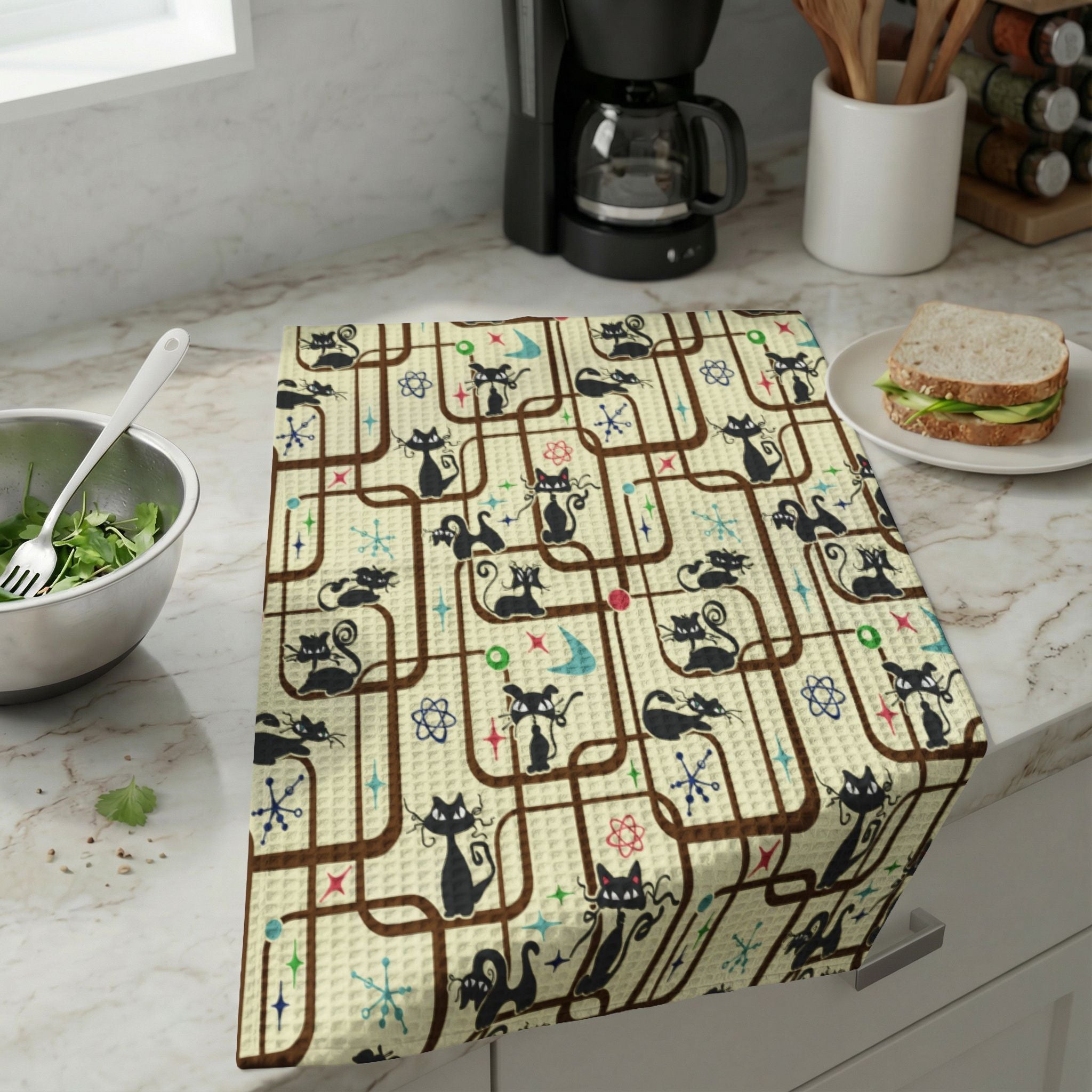 Kate McEnroe New York Atomic Cat Retro Mid Century Modern Waffle - Weave Kitchen Hand TowelHand Towels10853777370599041349