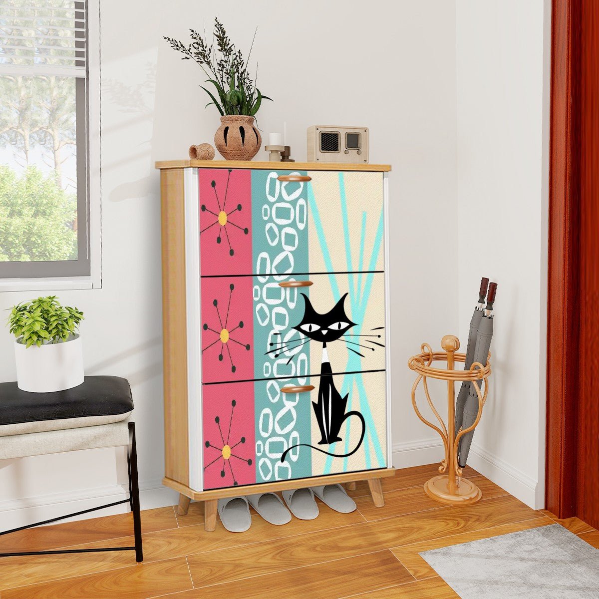 Kate McEnroe New York Atomic Cat Retro Starburst Shoe Organizer, Mid Century Modern Entryway UnitShoe StorageQ1rWiAoMHO