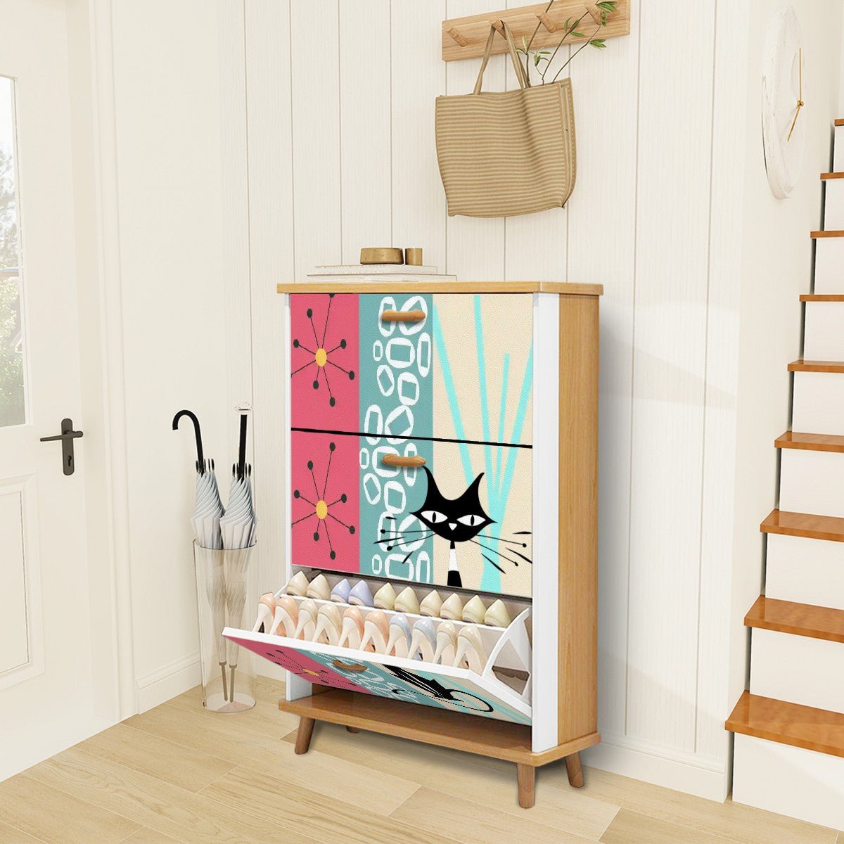 Kate McEnroe New York Atomic Cat Retro Starburst Shoe Organizer, Mid Century Modern Entryway UnitShoe StorageQ1rWiAoMHO