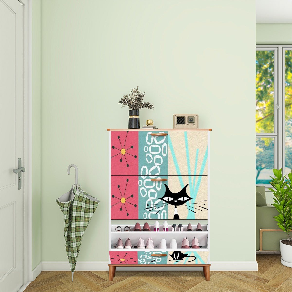 Kate McEnroe New York Atomic Cat Retro Starburst Shoe Organizer, Mid Century Modern Entryway UnitShoe StorageQ1rWiAoMHO