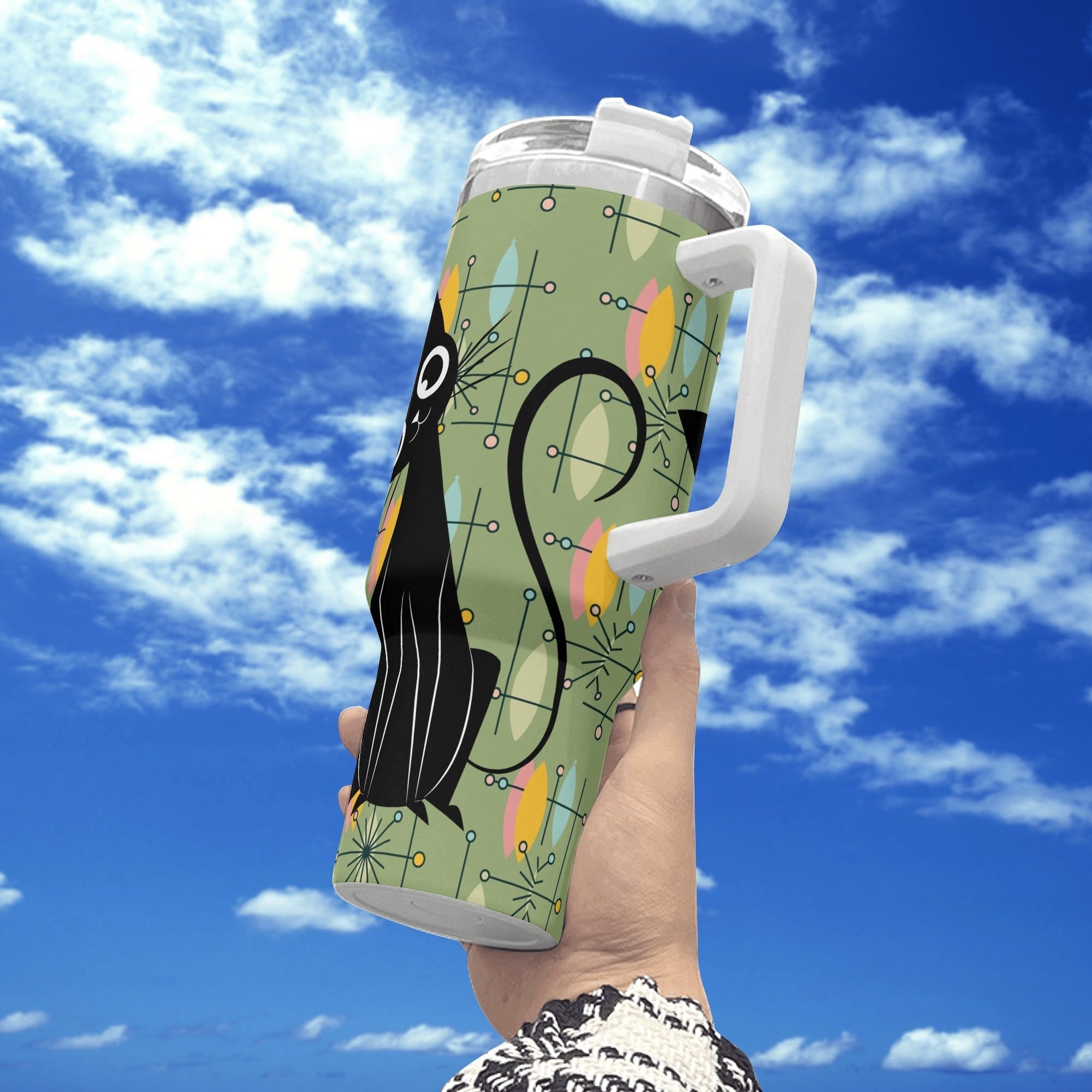 Kate McEnroe New York Atomic Cat Retro Starburst Tumbler, Mid Century Modern Green Drinkware, Whimsical MCM Travel MugTumblersNGZRGE5W - 1