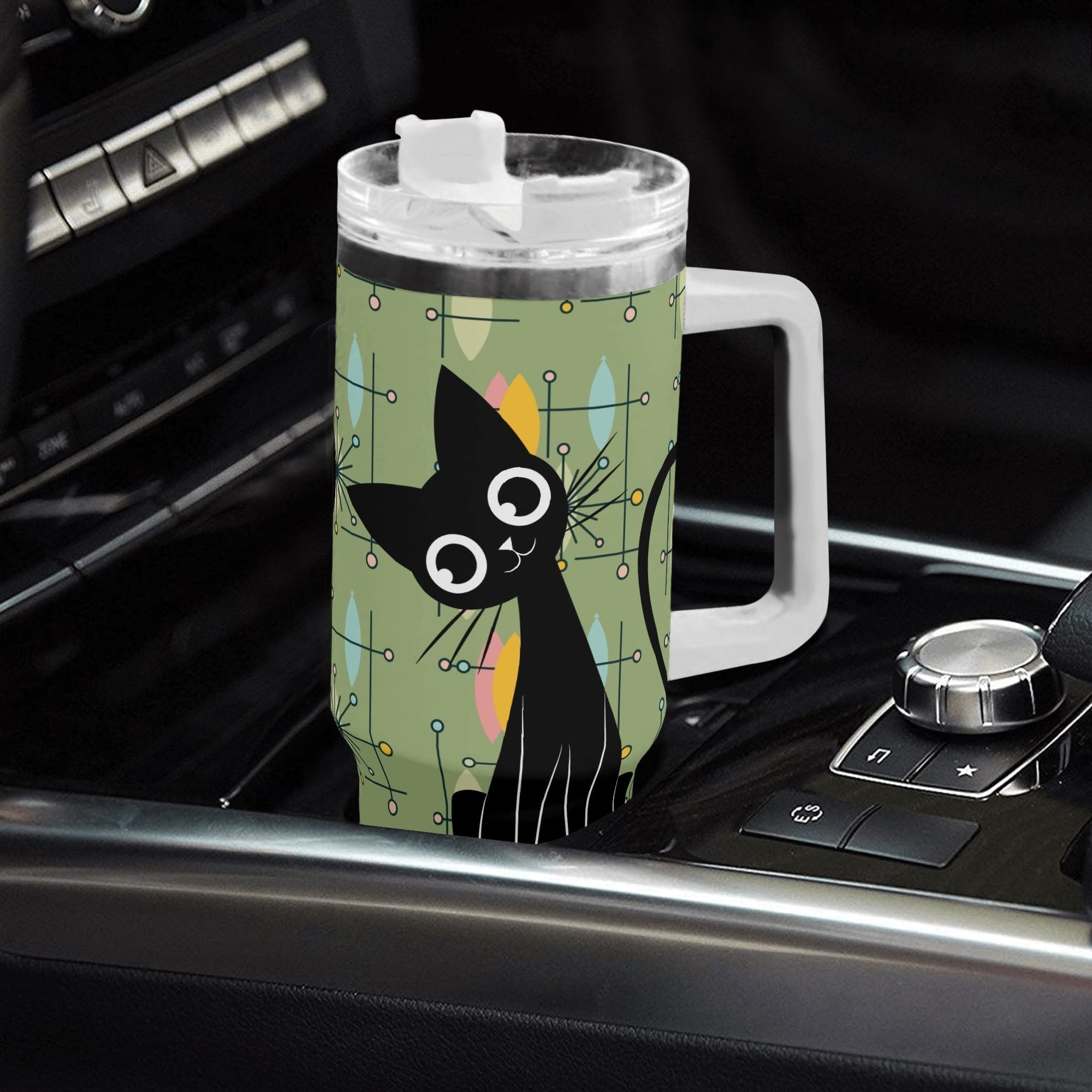 Kate McEnroe New York Atomic Cat Retro Starburst Tumbler, Mid Century Modern Green Drinkware, Whimsical MCM Travel MugTumblersNGZRGE5W - 1