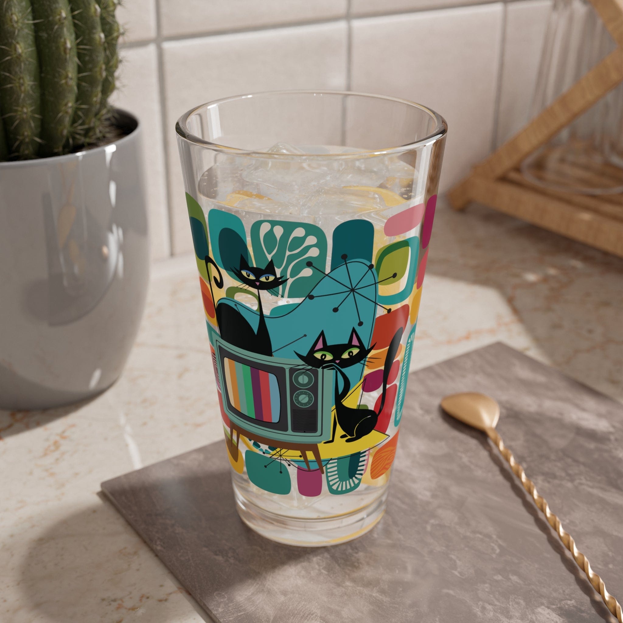 Kate McEnroe New York Atomic Cat Retro TV Barware, Mid Century Modern 1950s Amoeba Cocktail Glass, MCM Pint Glass, Geometric Abstract DrinkwareMixing Glasses12185411156115010884