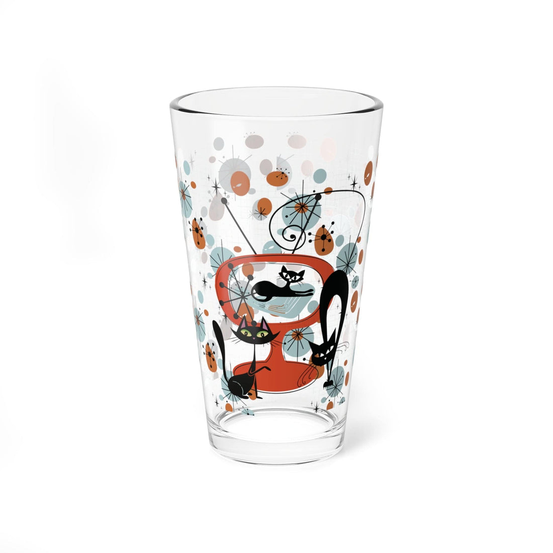 Kate McEnroe New York Atomic Cat Retro TV Barware, Mid Century Modern Kitschy Orange, Teal Drinkware Mixing Glasses 16oz 81045717328559386629