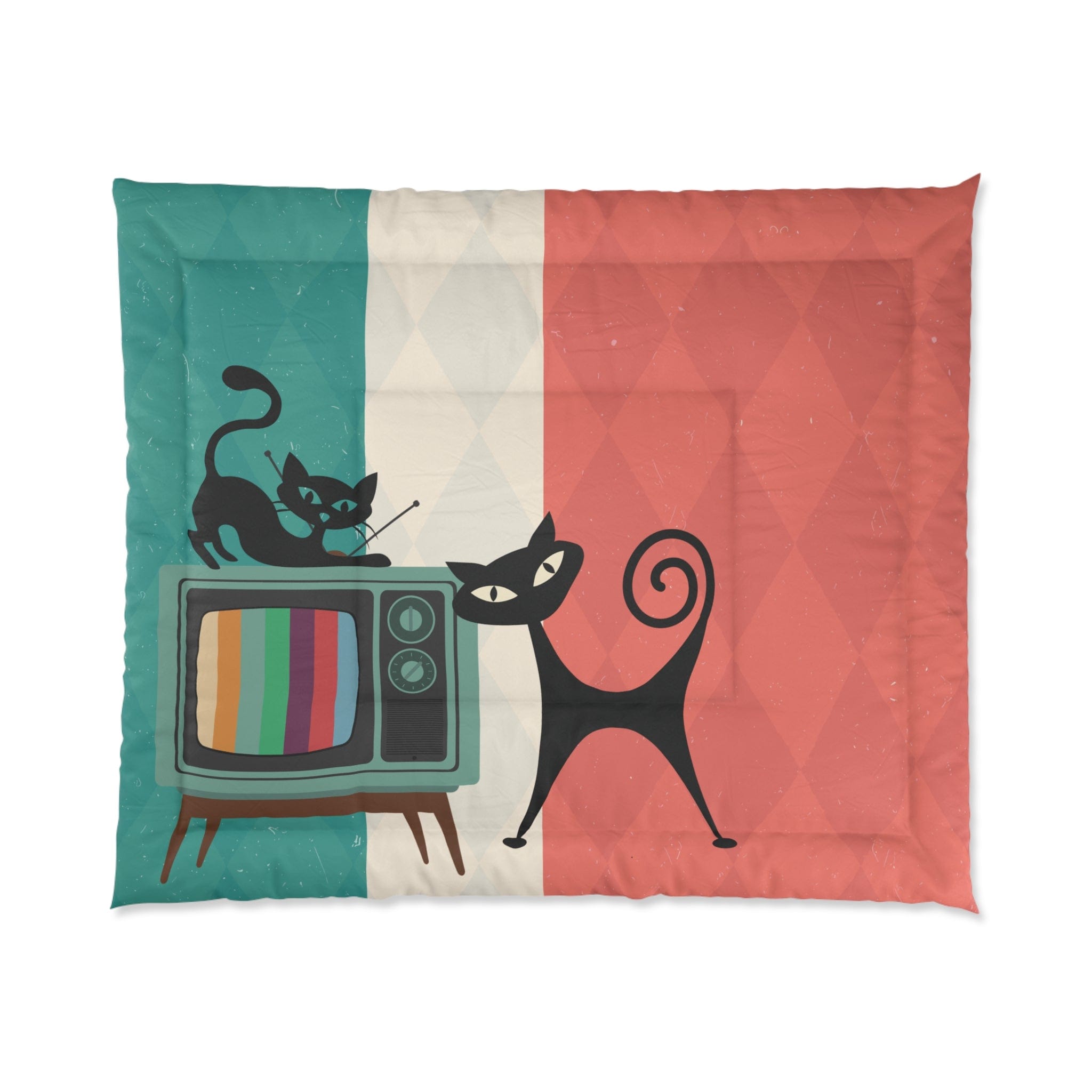 Kate McEnroe New York Atomic Cat Retro TV Comforter, Vibrant MCM Bedding, Nostalgic 50s, Teal, Beige, Coral Bedroom DecorComforters25757157456953919882