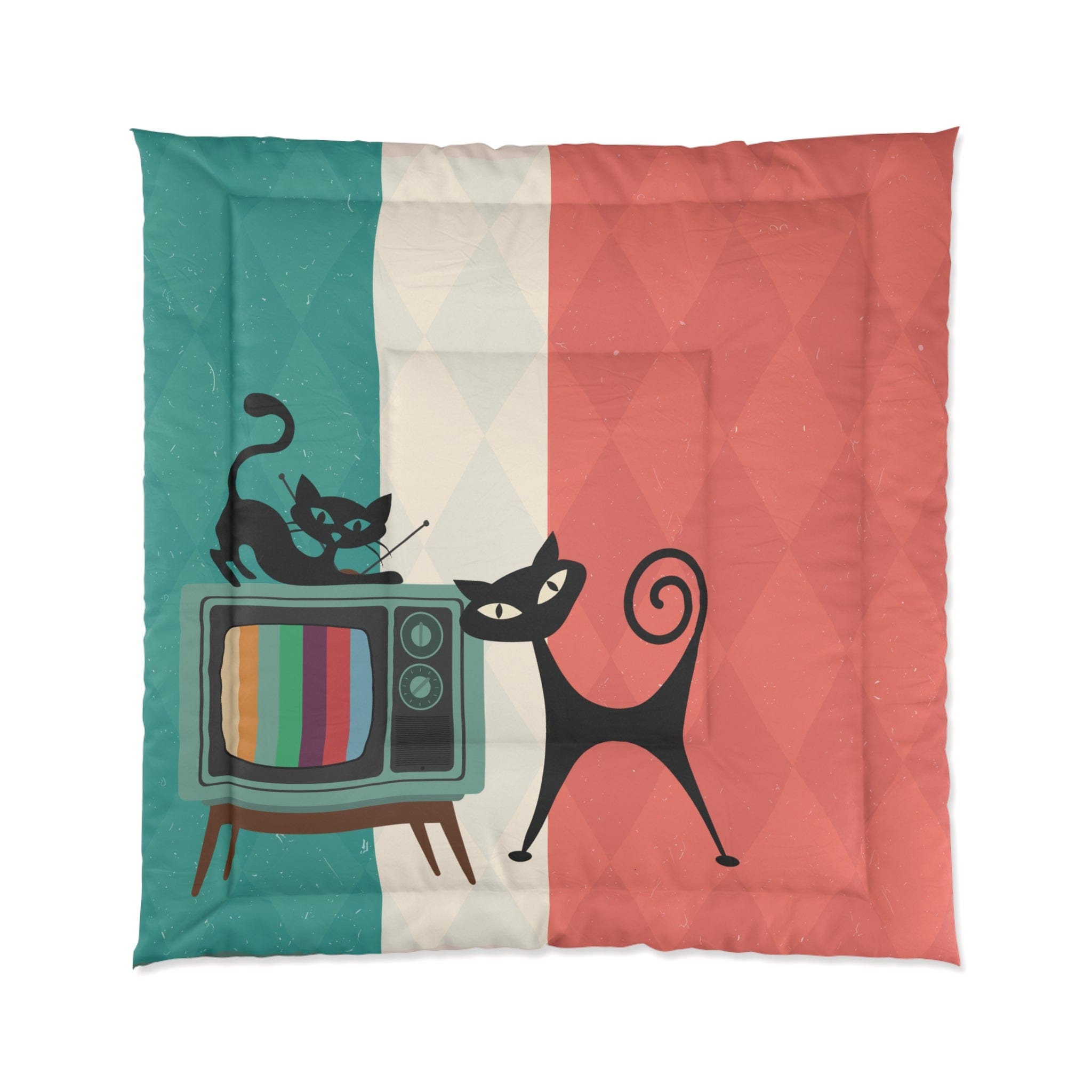 Kate McEnroe New York Atomic Cat Retro TV Comforter, Vibrant MCM Bedding, Nostalgic 50s, Teal, Beige, Coral Bedroom DecorComforters28605296194686121782