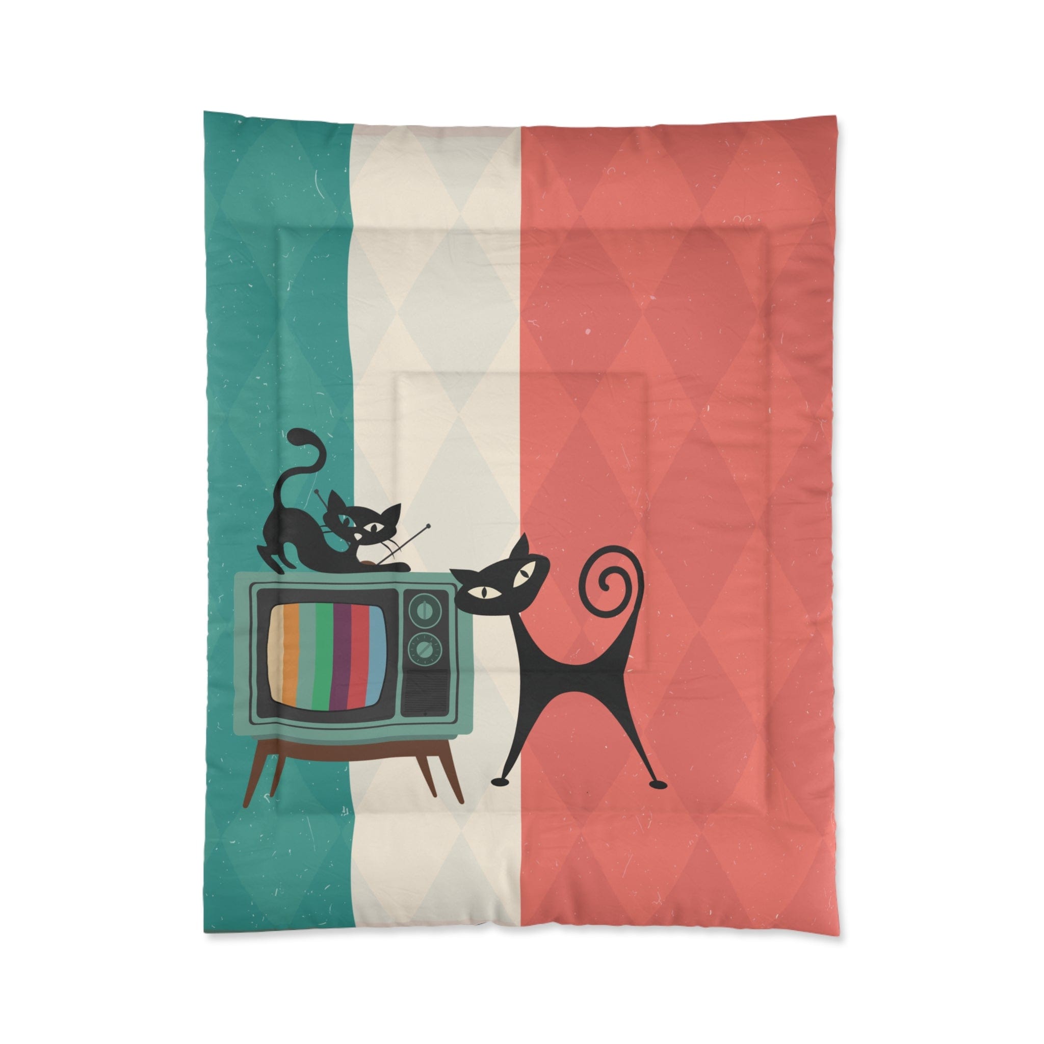 Kate McEnroe New York Atomic Cat Retro TV Comforter, Vibrant MCM Bedding, Nostalgic 50s, Teal, Beige, Coral Bedroom DecorComforters28605296194686121782