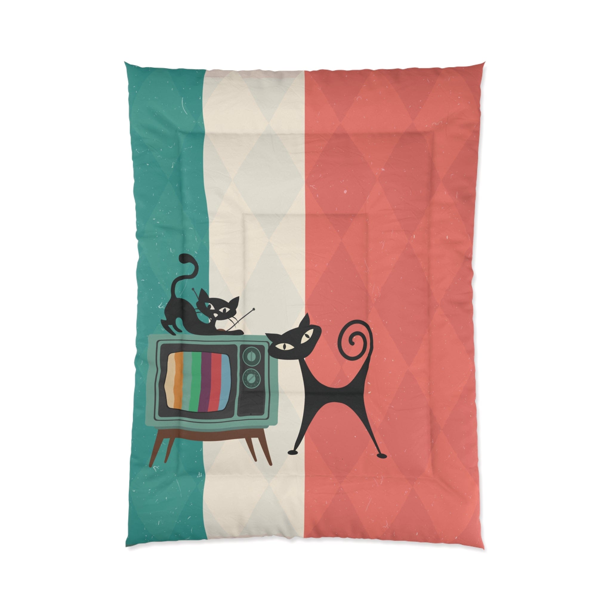 Kate McEnroe New York Atomic Cat Retro TV Comforter, Vibrant MCM Bedding, Nostalgic 50s, Teal, Beige, Coral Bedroom DecorComforters28605296194686121782
