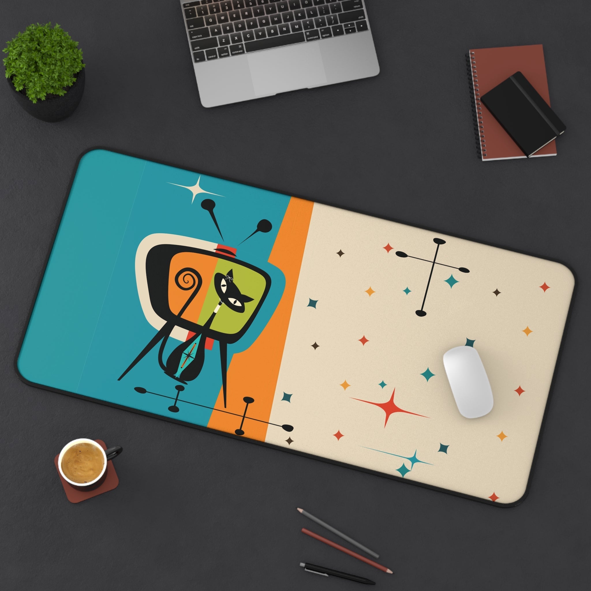 Kate McEnroe New York Atomic Cat Retro TV Desk Mat, Mid Century Modern Office Mouse Pad, Starburst Mod Computer MatDesk Mats12348154188110438520