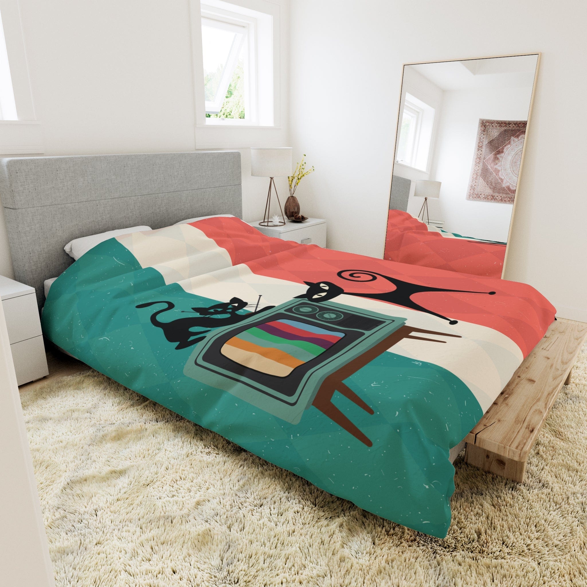 Kate McEnroe New York Atomic Cat Retro TV Duvet Cover, Vibrant MCM Bedding, Nostalgic 50s, Teal, Beige, Coral Bedroom DecorDuvet Covers25708615280129721880