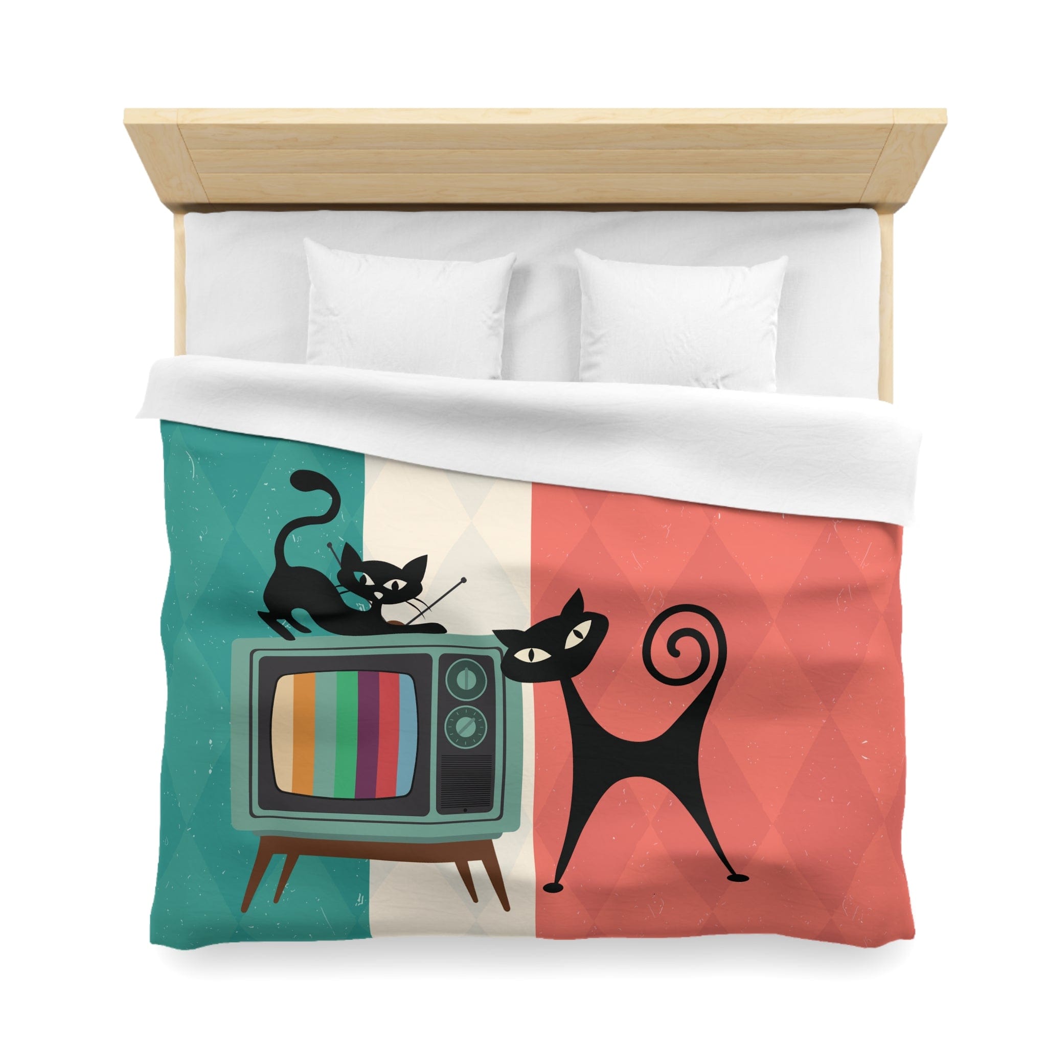 Kate McEnroe New York Atomic Cat Retro TV Duvet Cover, Vibrant MCM Bedding, Nostalgic 50s, Teal, Beige, Coral Bedroom DecorDuvet Covers25708615280129721880