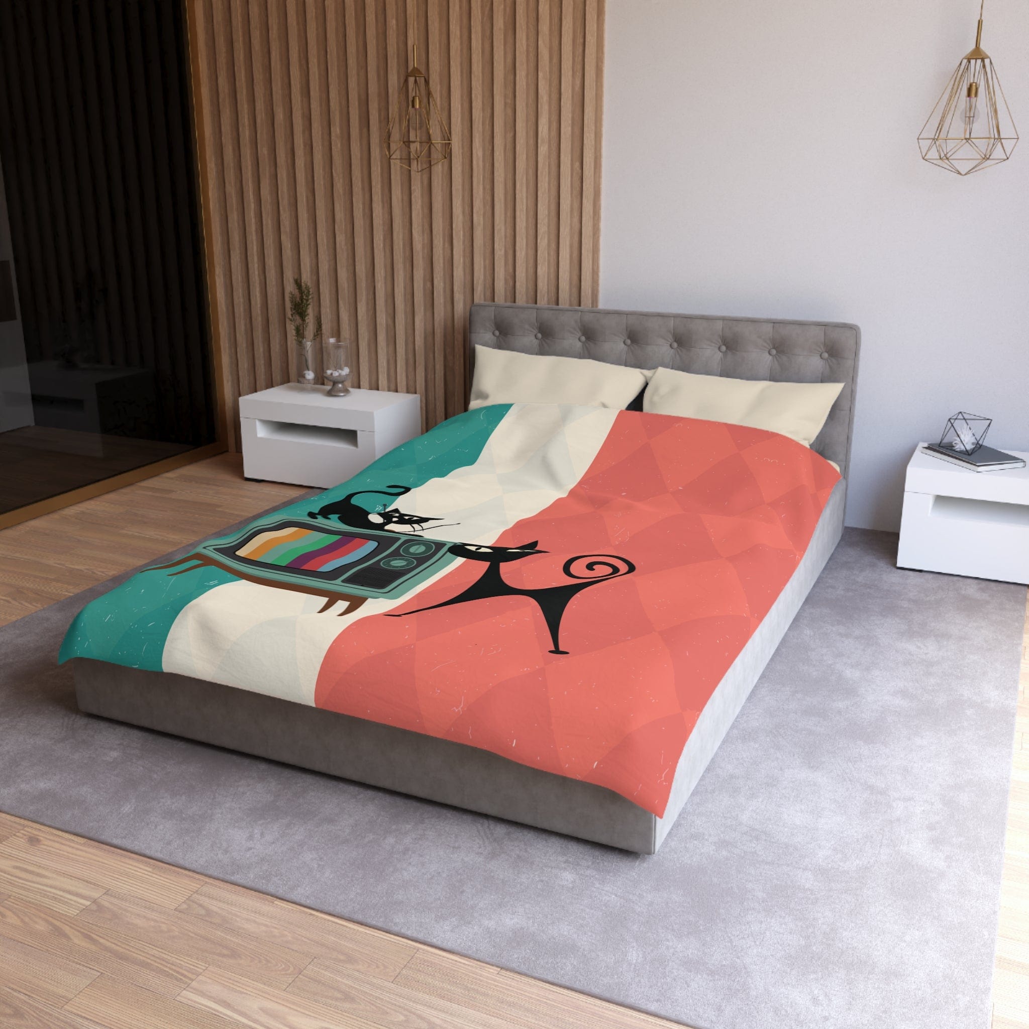 Kate McEnroe New York Atomic Cat Retro TV Duvet Cover, Vibrant MCM Bedding, Nostalgic 50s, Teal, Beige, Coral Bedroom DecorDuvet Covers25708615280129721880