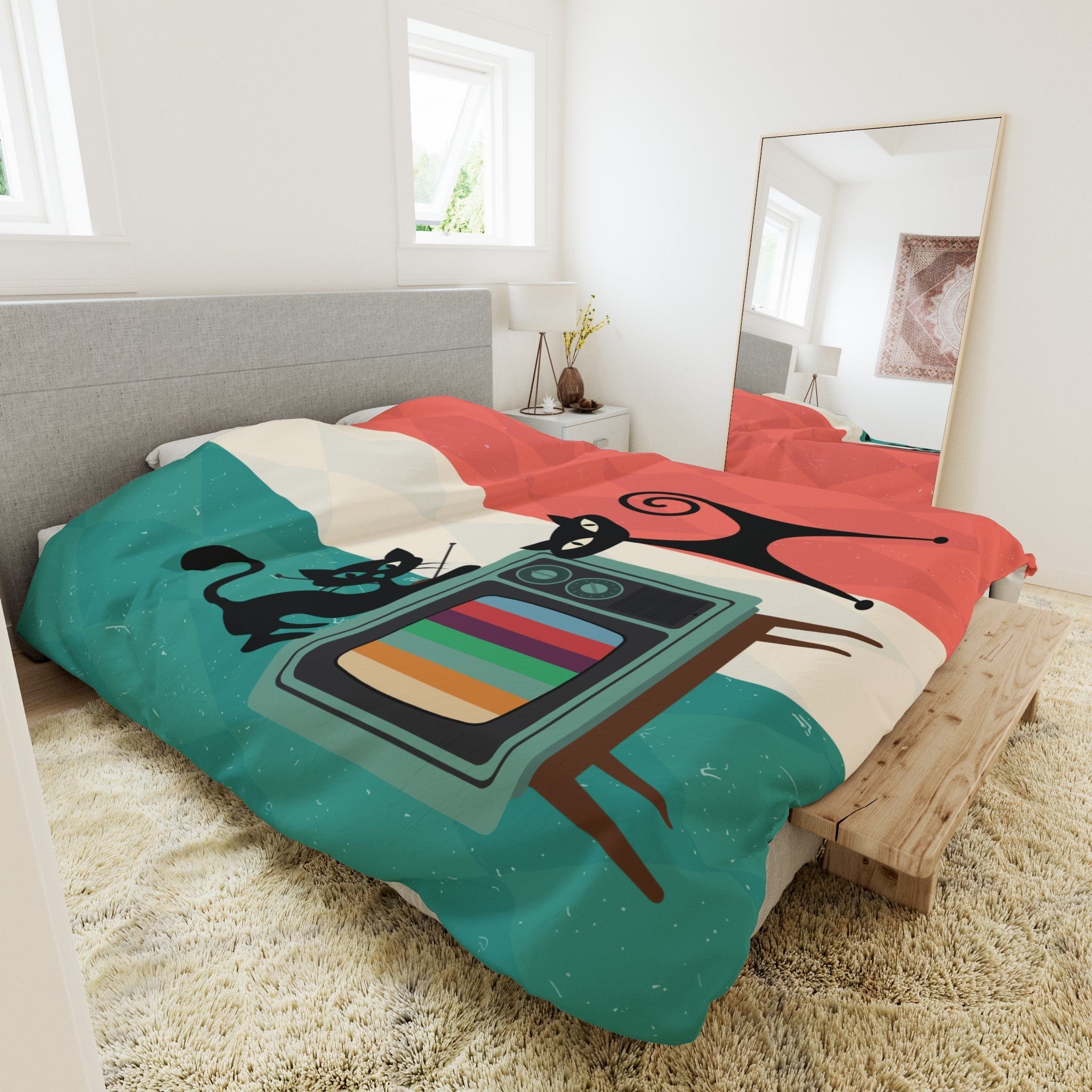 Kate McEnroe New York Atomic Cat Retro TV Duvet Cover, Vibrant MCM Bedding, Nostalgic 50s, Teal, Beige, Coral Bedroom DecorDuvet Covers25708615280129721880