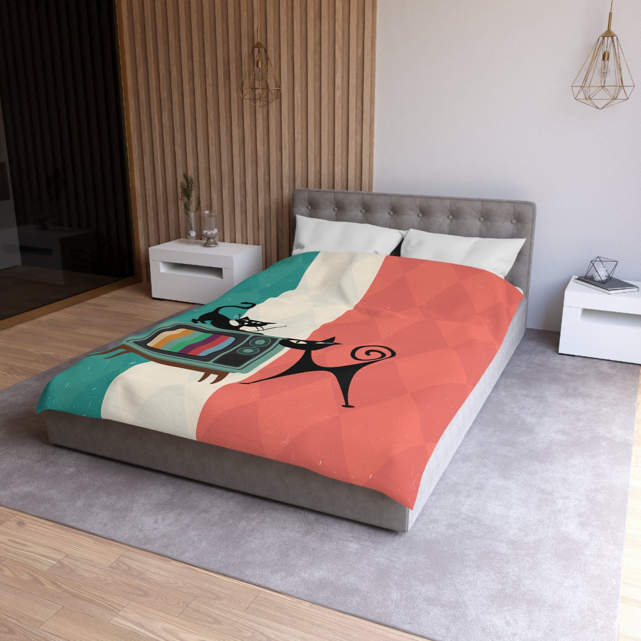 Kate McEnroe New York Atomic Cat Retro TV Duvet Cover, Vibrant MCM Bedding, Nostalgic 50s, Teal, Beige, Coral Bedroom DecorDuvet Covers27633027567814774182