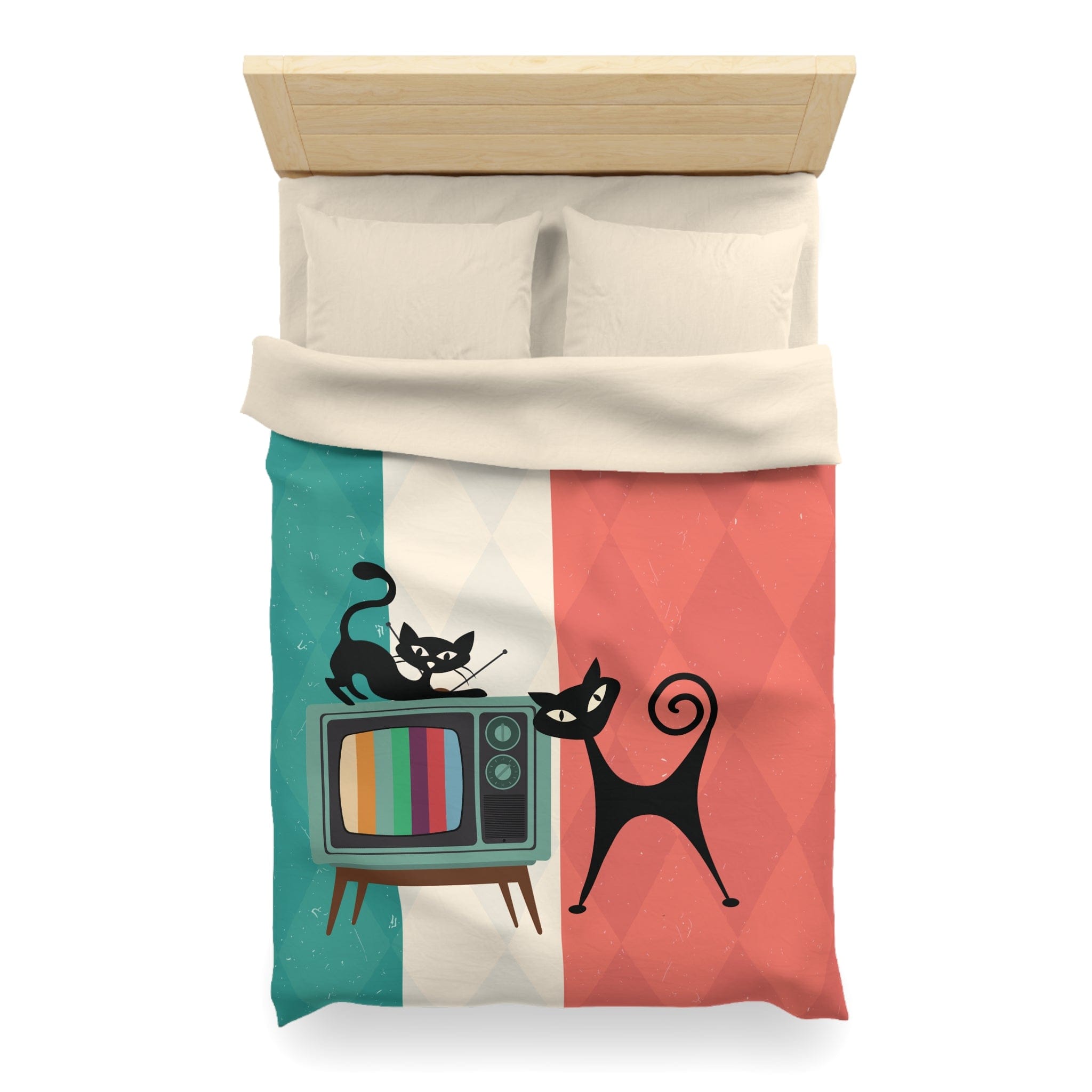 Kate McEnroe New York Atomic Cat Retro TV Duvet Cover, Vibrant MCM Bedding, Nostalgic 50s, Teal, Beige, Coral Bedroom DecorDuvet Covers30474303885798156664